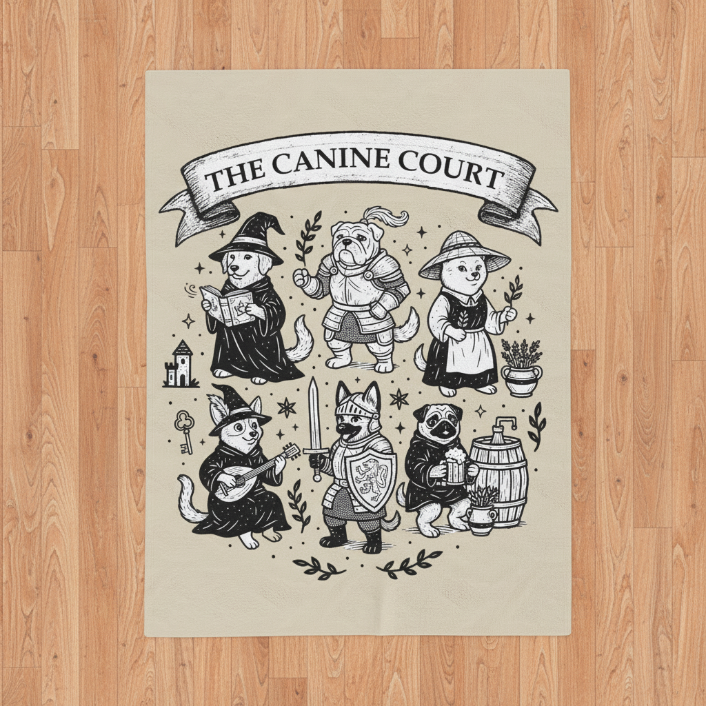 Illustration of canine characters in a court setting with 'The Canine Court' banner.