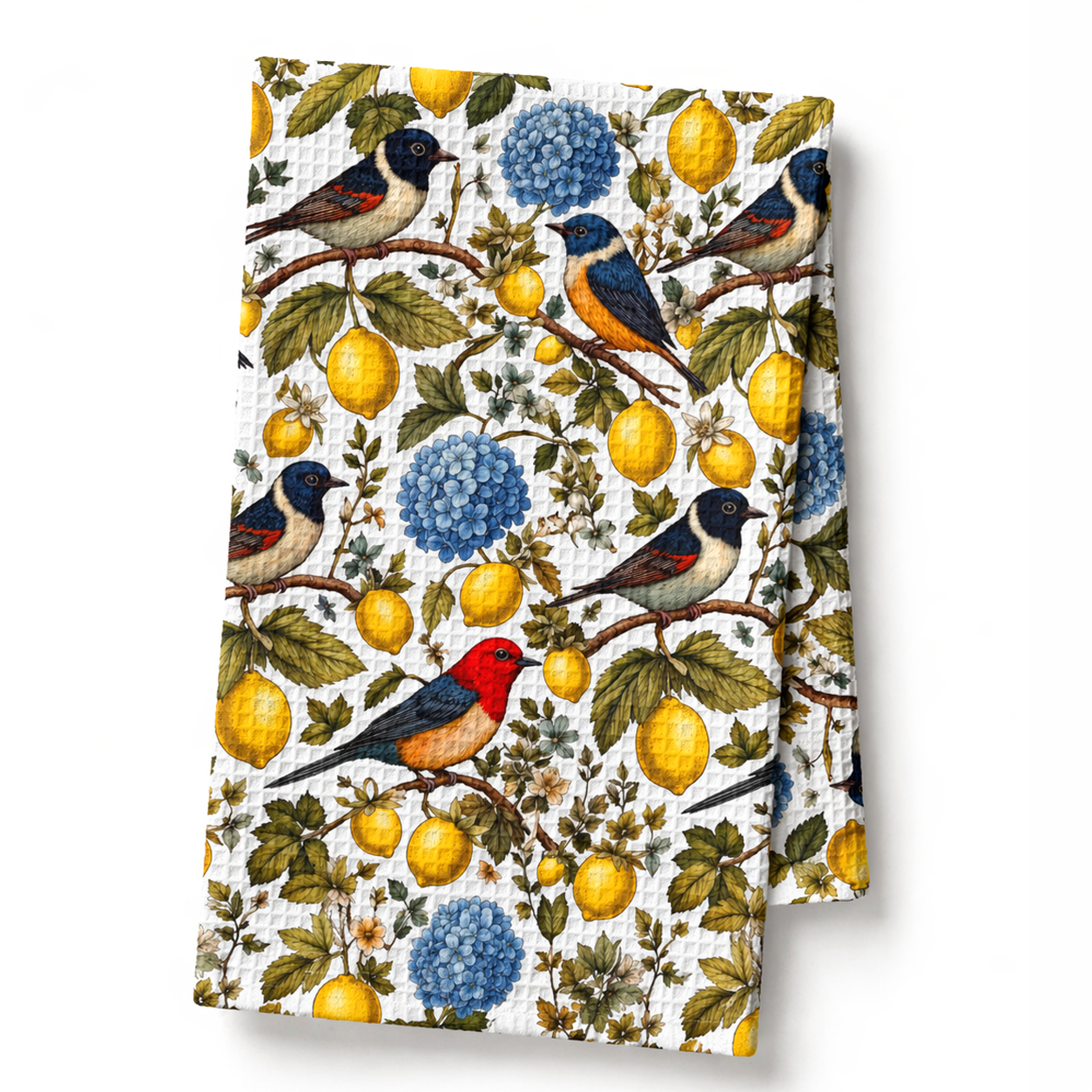 Garden Songbird | Lemon Hydrangea Waffle Weave Kitchen Towel Printify