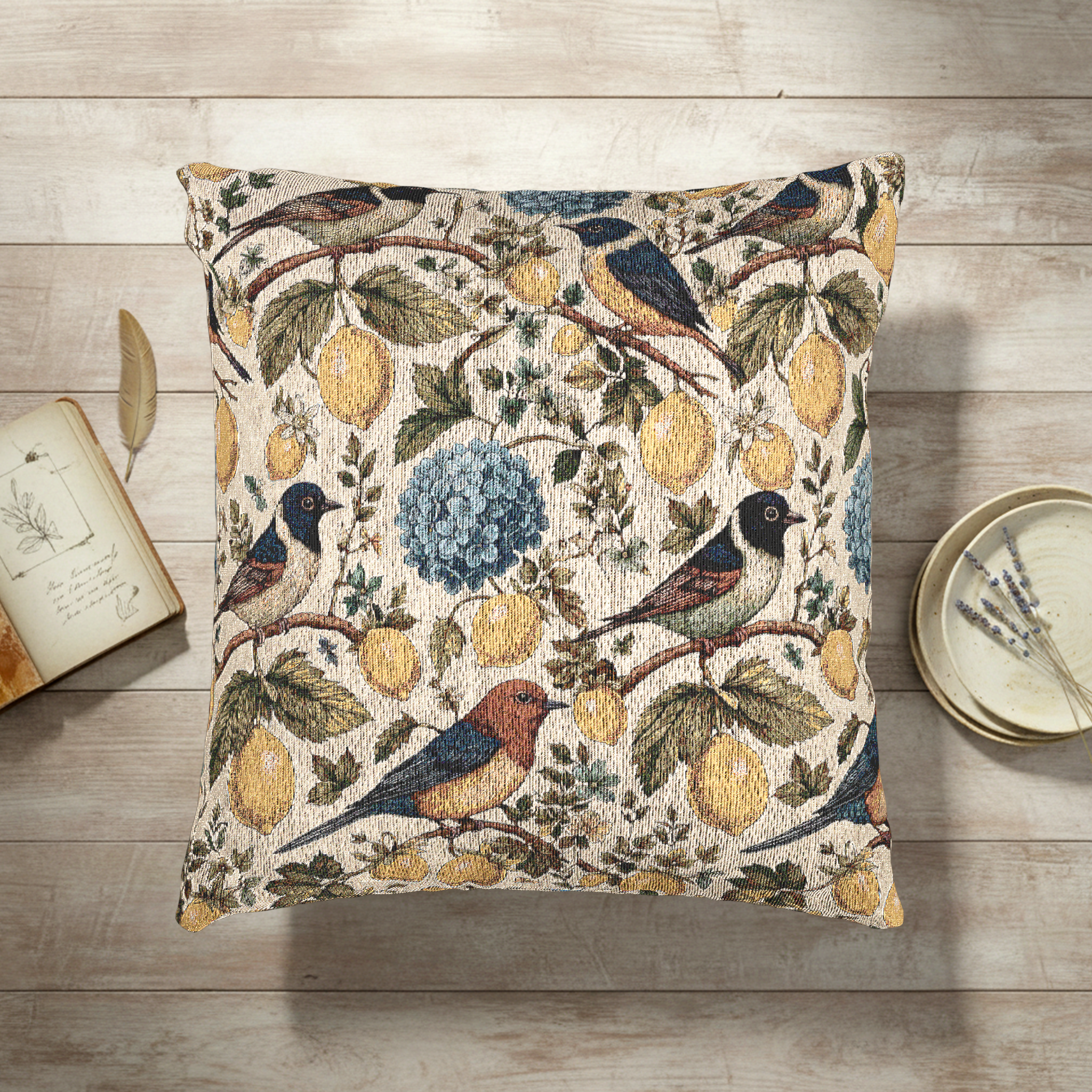 Garden Songbird | Lemon Hydrangea Woven Pillow Printify