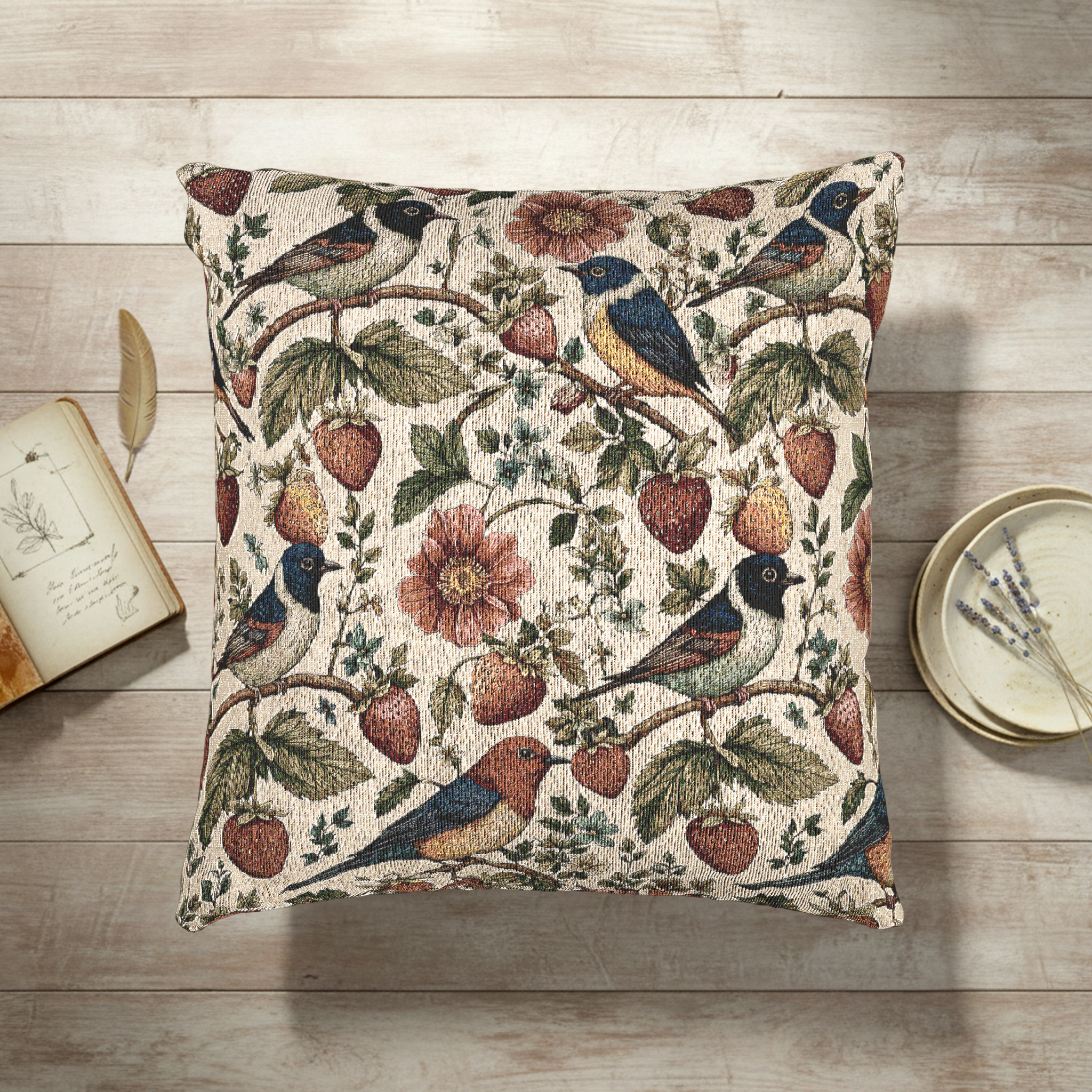 Garden Songbird | Strawberry Meadow Woven Pillow Printify
