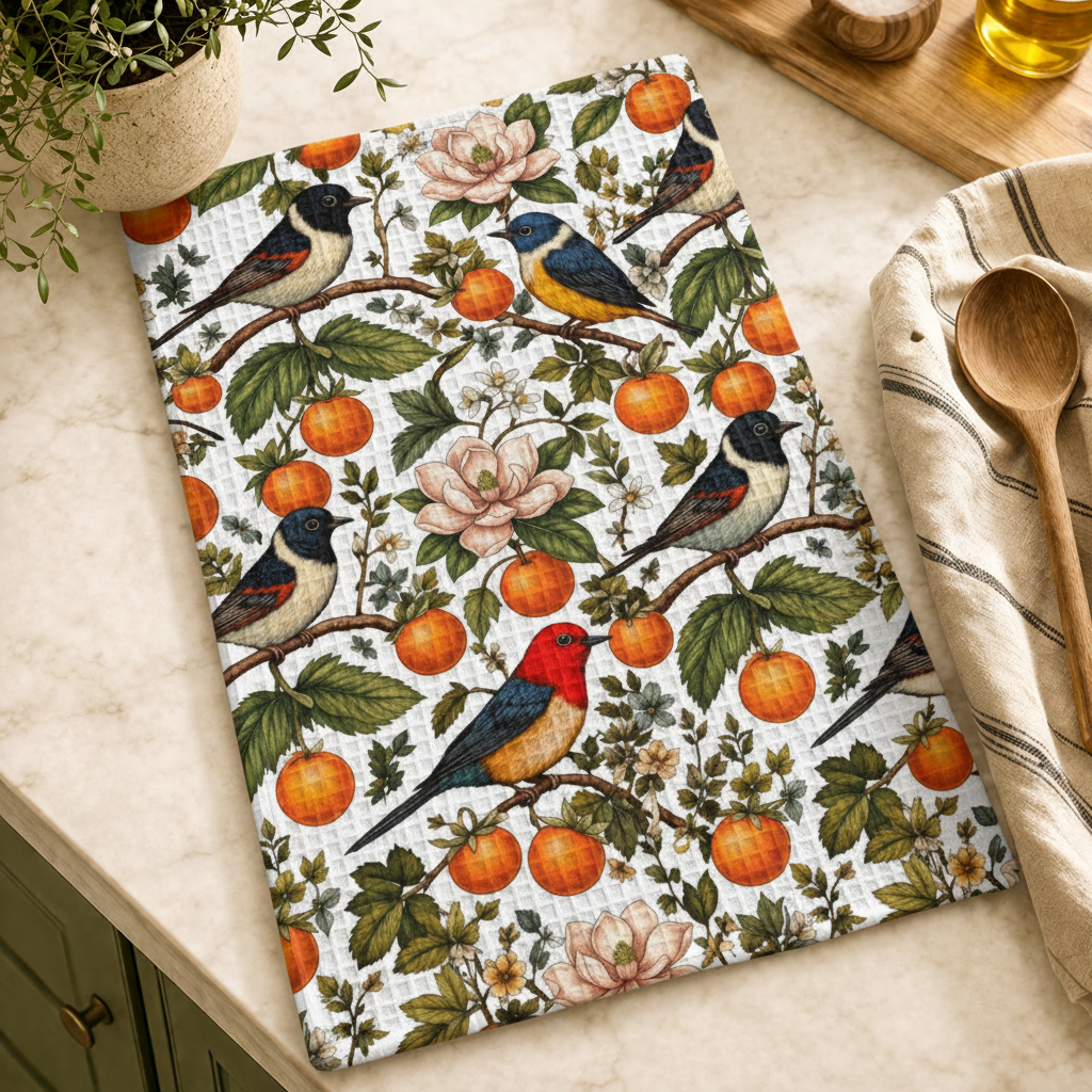 Garden Songbird | Citrus Bloom Waffle Weave Kitchen Towel Printify