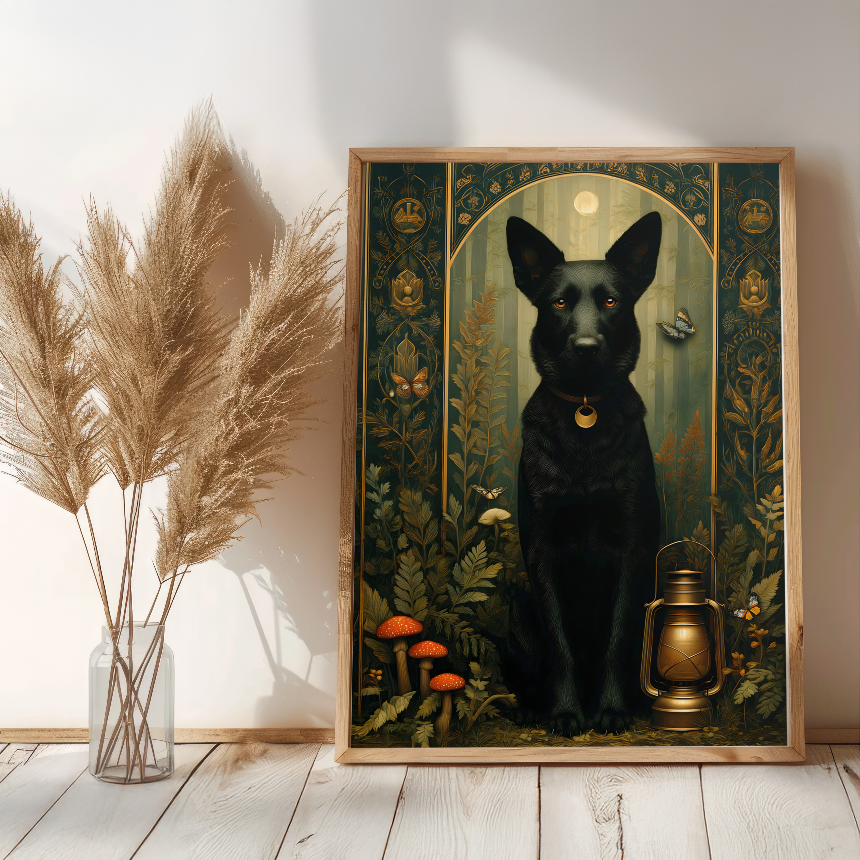 Framed artwork of a black dog with a lantern and plants on a wooden floor.