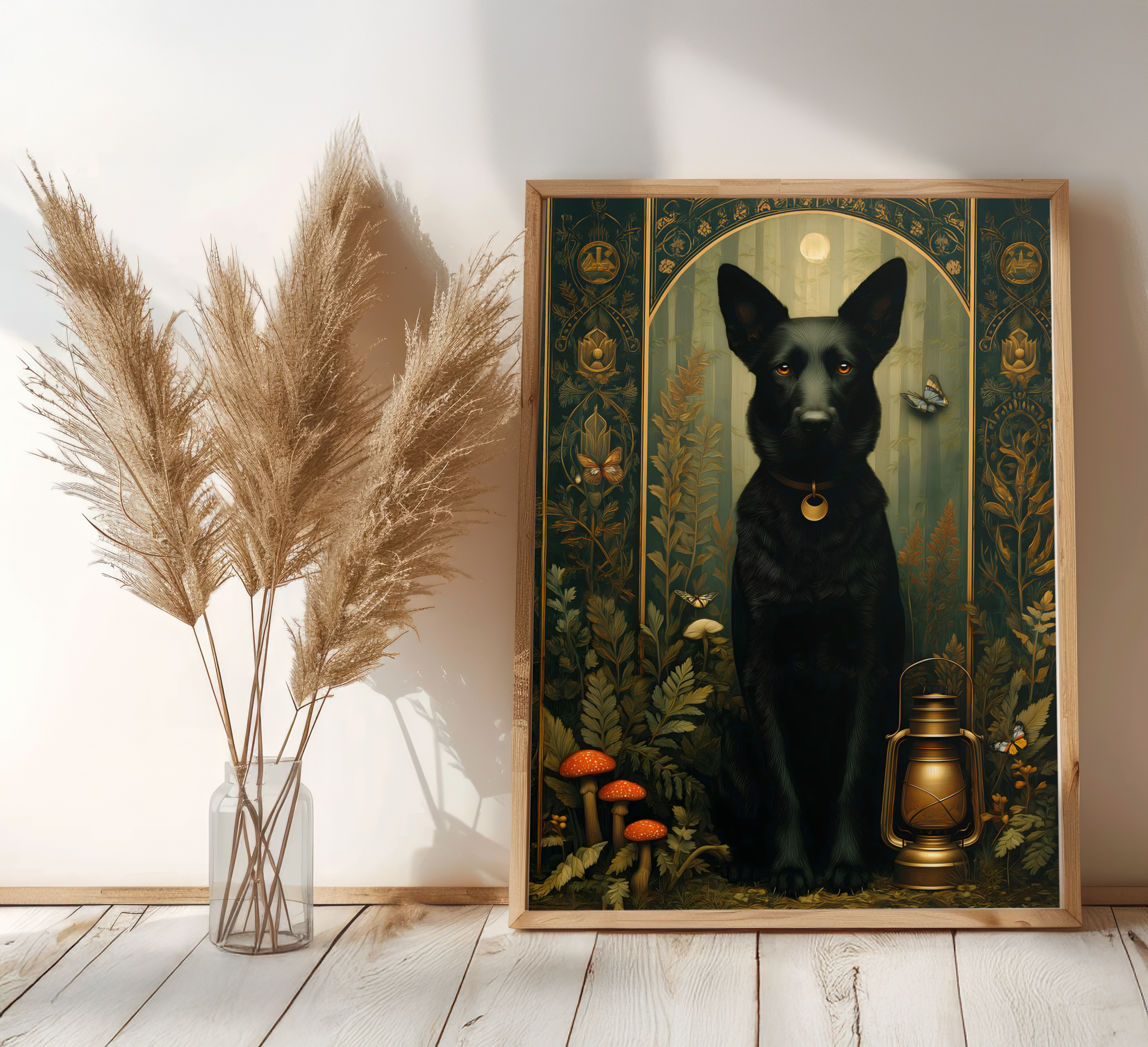Framed artwork of a black dog with a lantern and plants on a wooden floor.