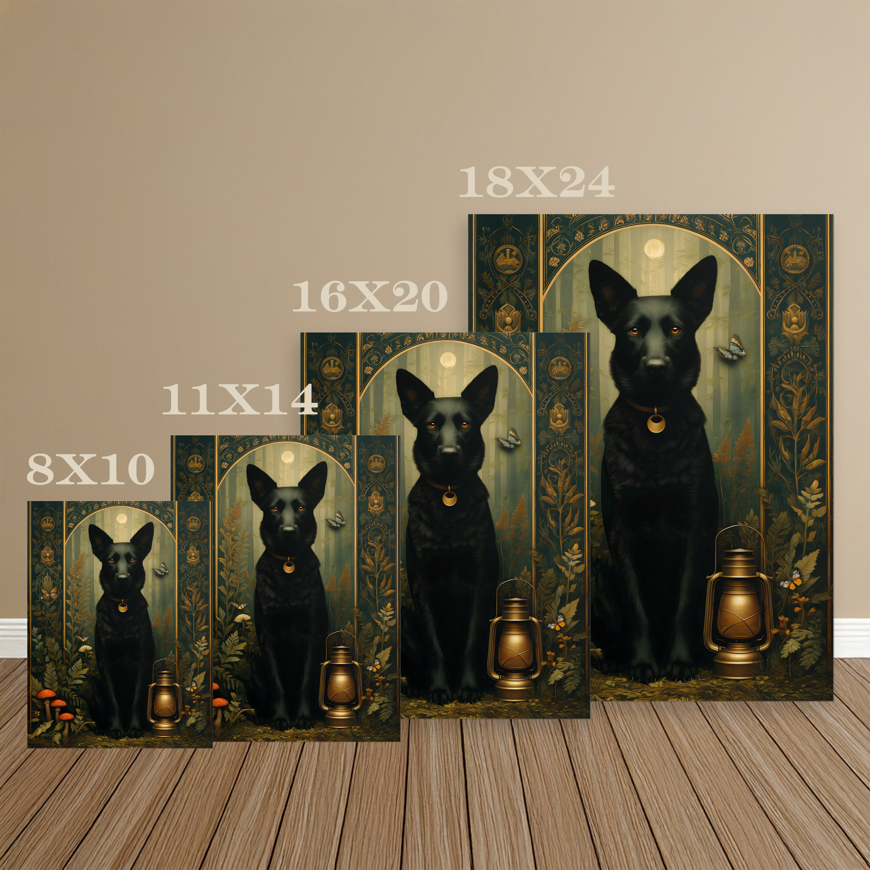 Black German Shepherd Canvas | Forest Garden Botanical Dog Wall Art with Painterly