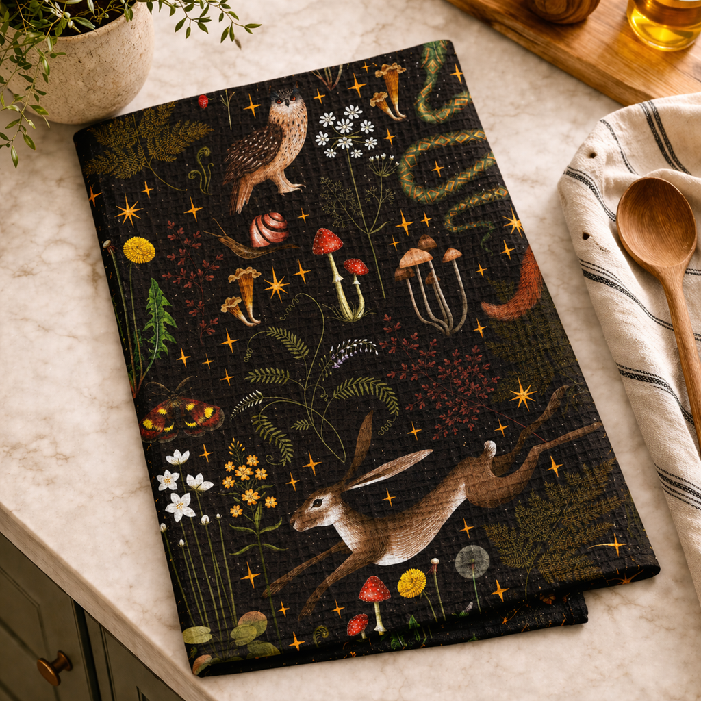 Midnight Woodland | Reverie Kitchen Hand Towel Printify