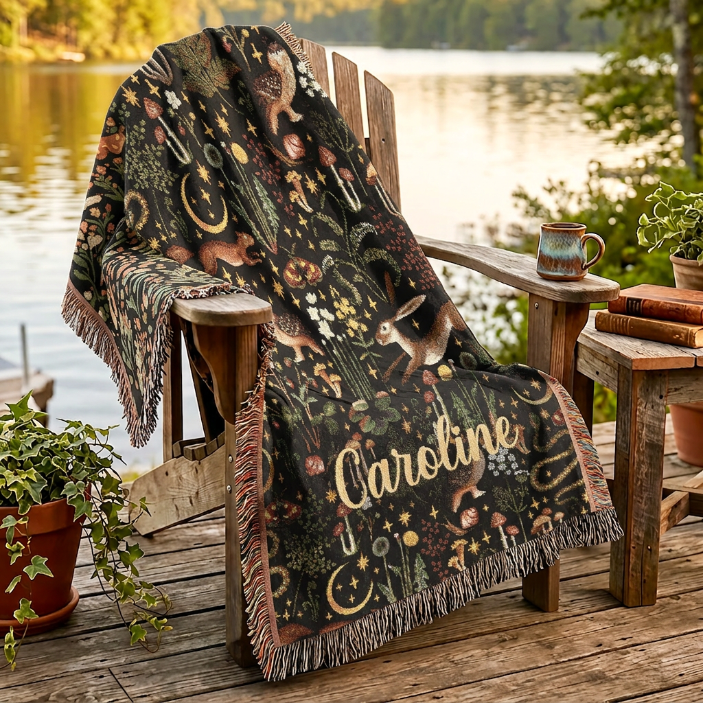 Midnight Woodland Reverie woven blanket and pillow styling a living room