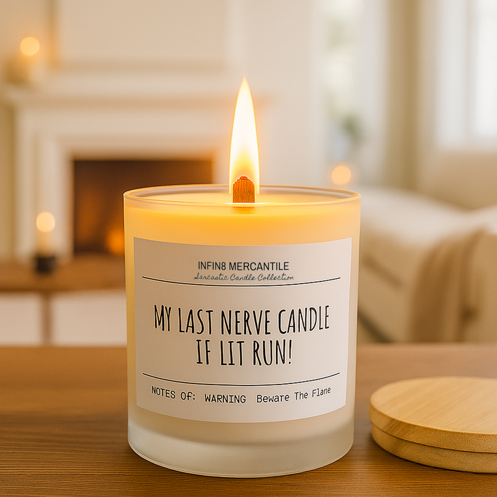 Candle with a humorous label in a cozy indoor setting