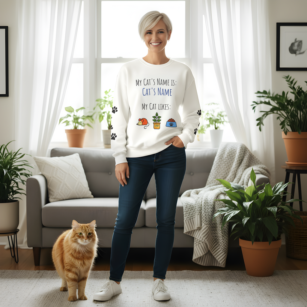 Cat Personalized Name Sweatshirt with Paw Print Sleeves