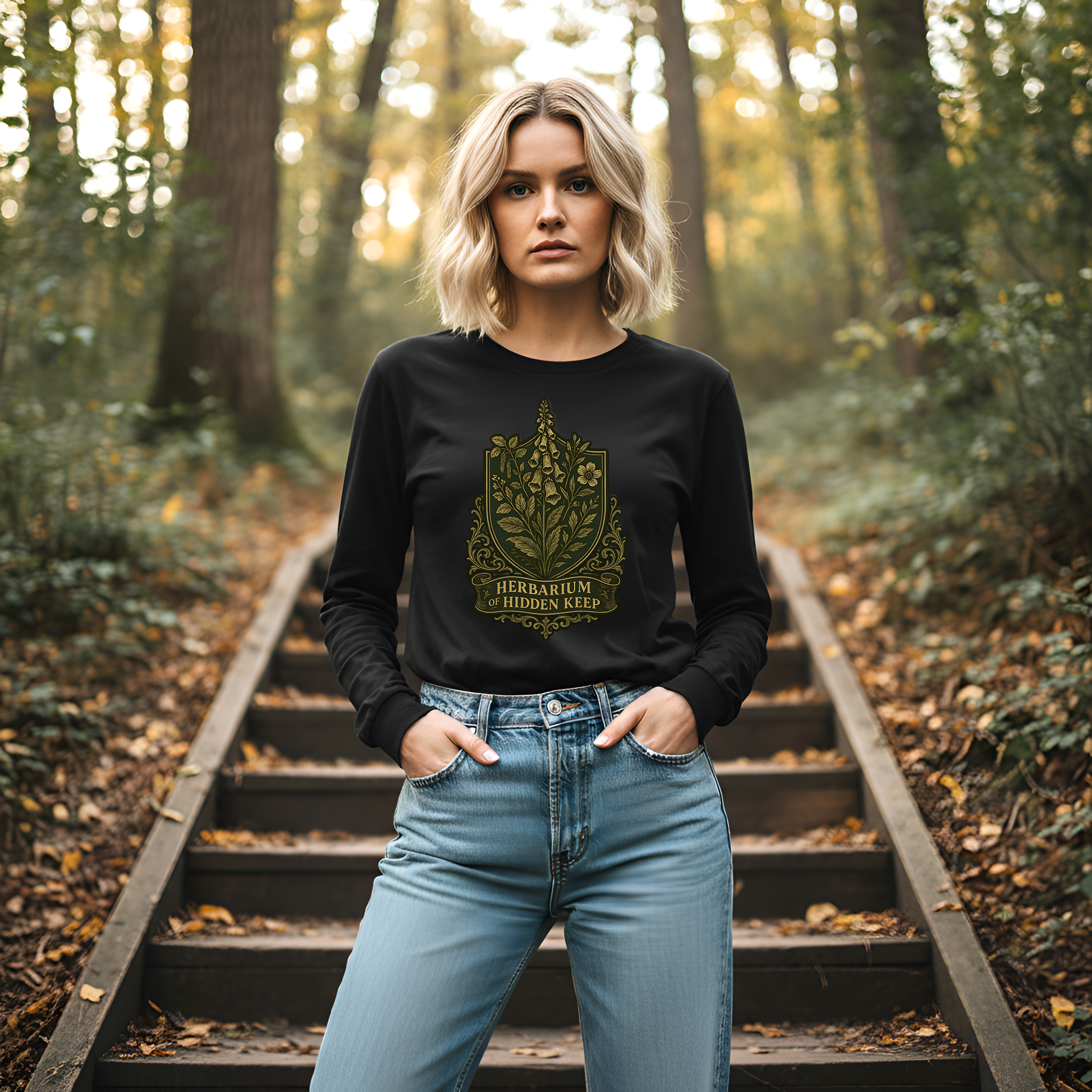 Woman wearing a black sweatshirt with a green design in a forest setting