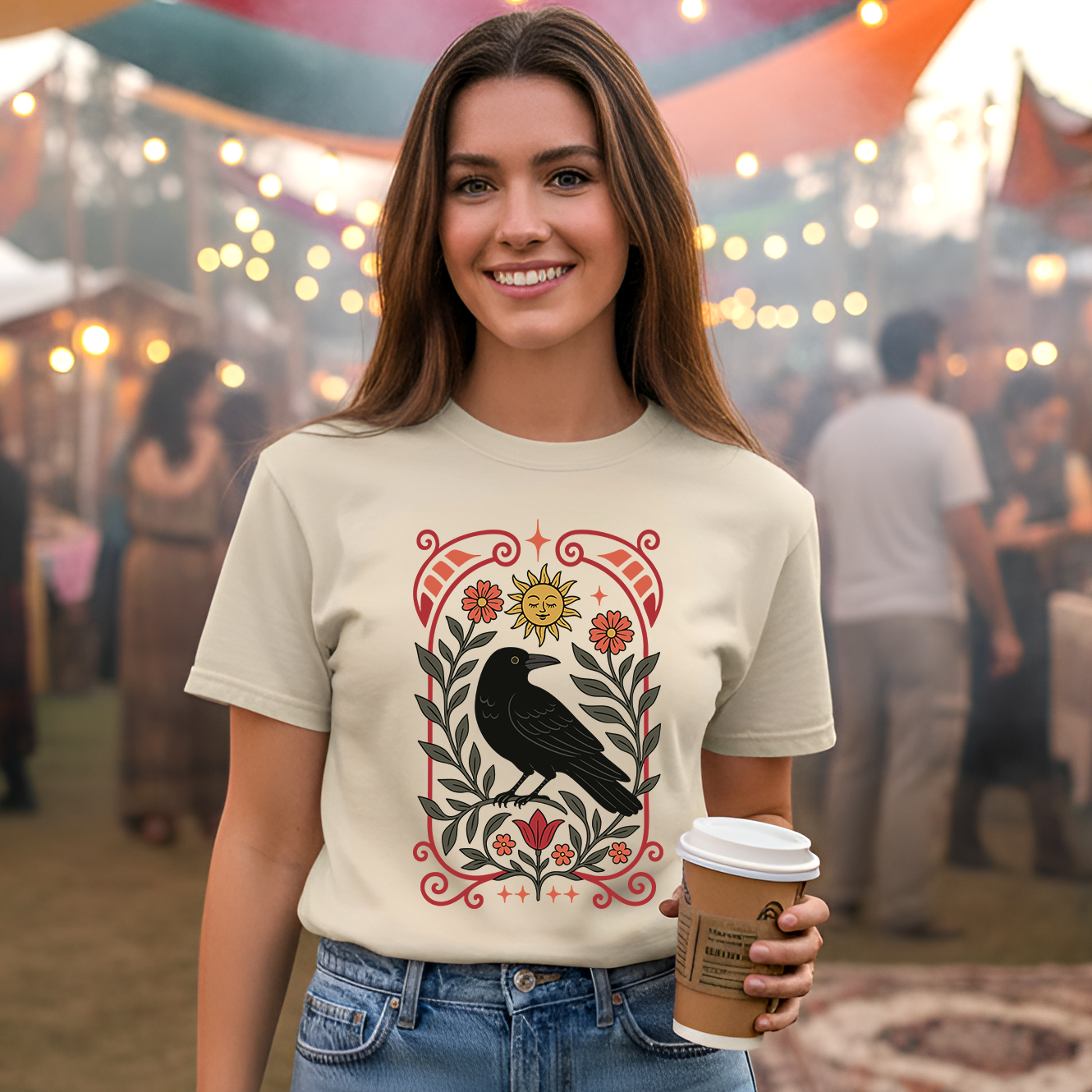 Woman holding a coffee cup at an outdoor market event