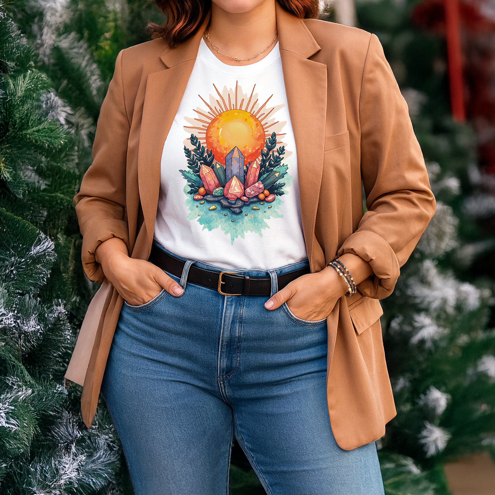 Crystal Sun T‑Shirt | Mystical Cotton Graphic Tee, Spiritual Nature Top, Boho Frequency Gift for Her