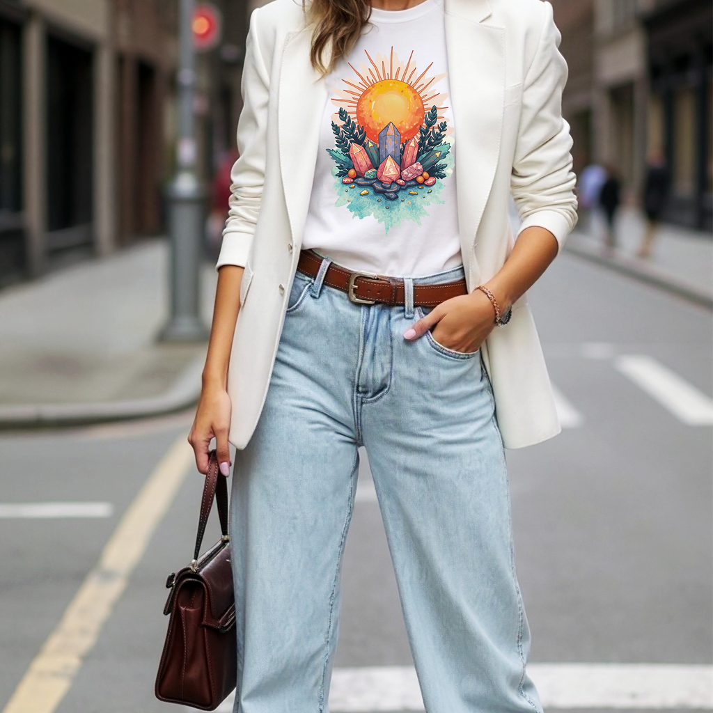 Crystal Sun T‑Shirt | Mystical Cotton Graphic Tee, Spiritual Nature Top, Boho Frequency Gift for Her