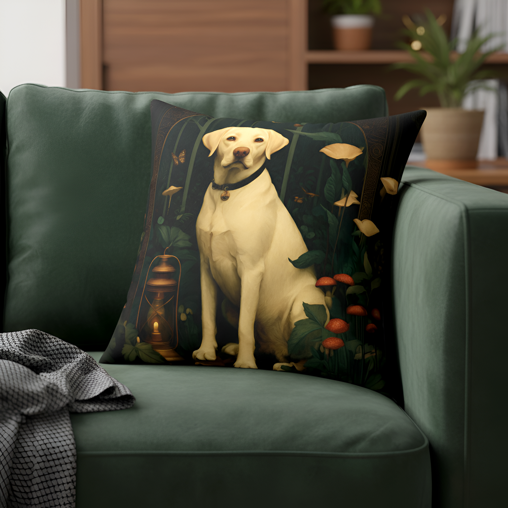 Decorative pillow with a dog design on a green couch