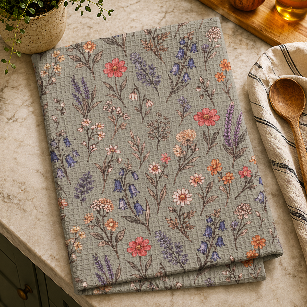 Spring Has Sprung In Morning Mist | Waffle Weave Kitchen Towel Printify