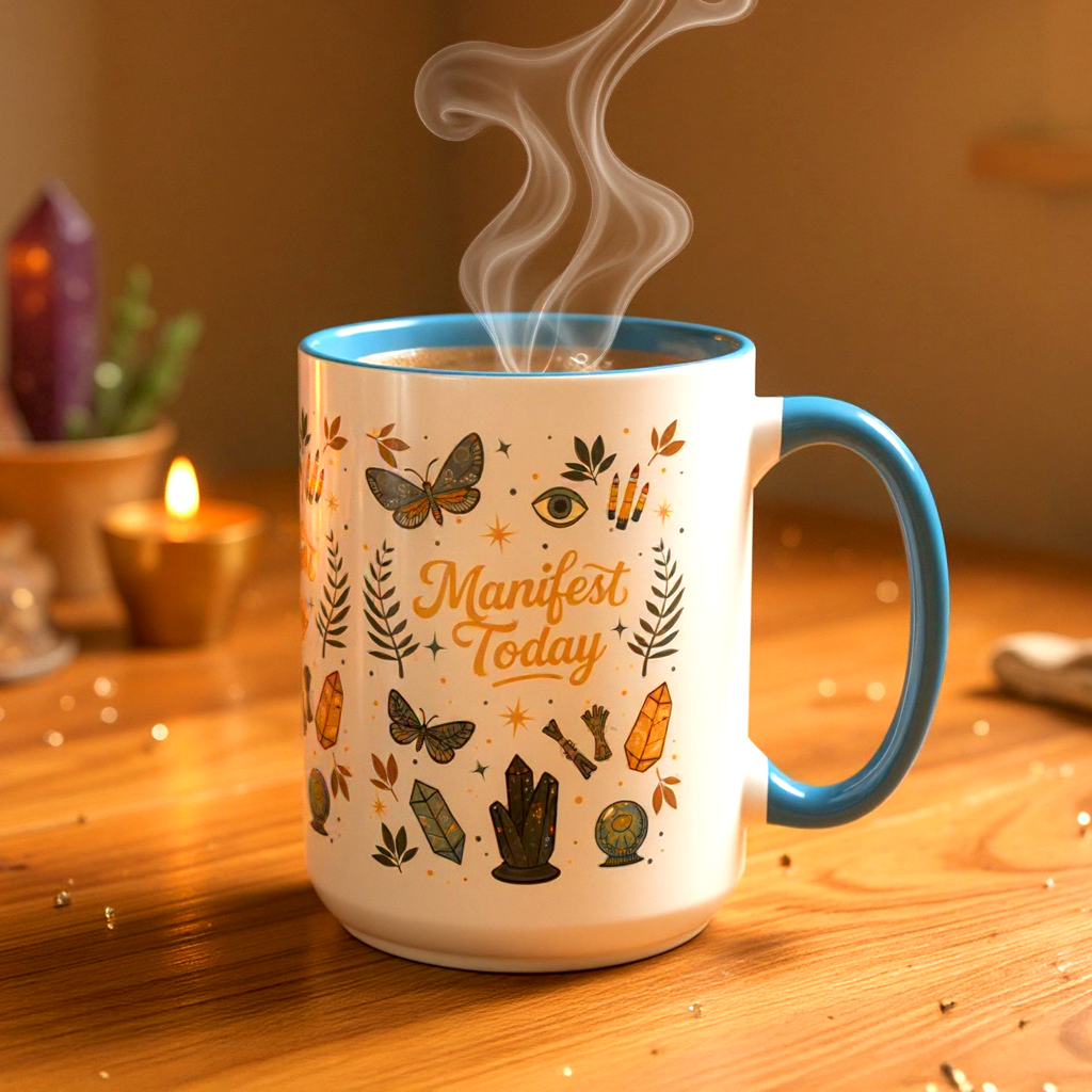 Steaming mug with decorative elements on a wooden table with candles
