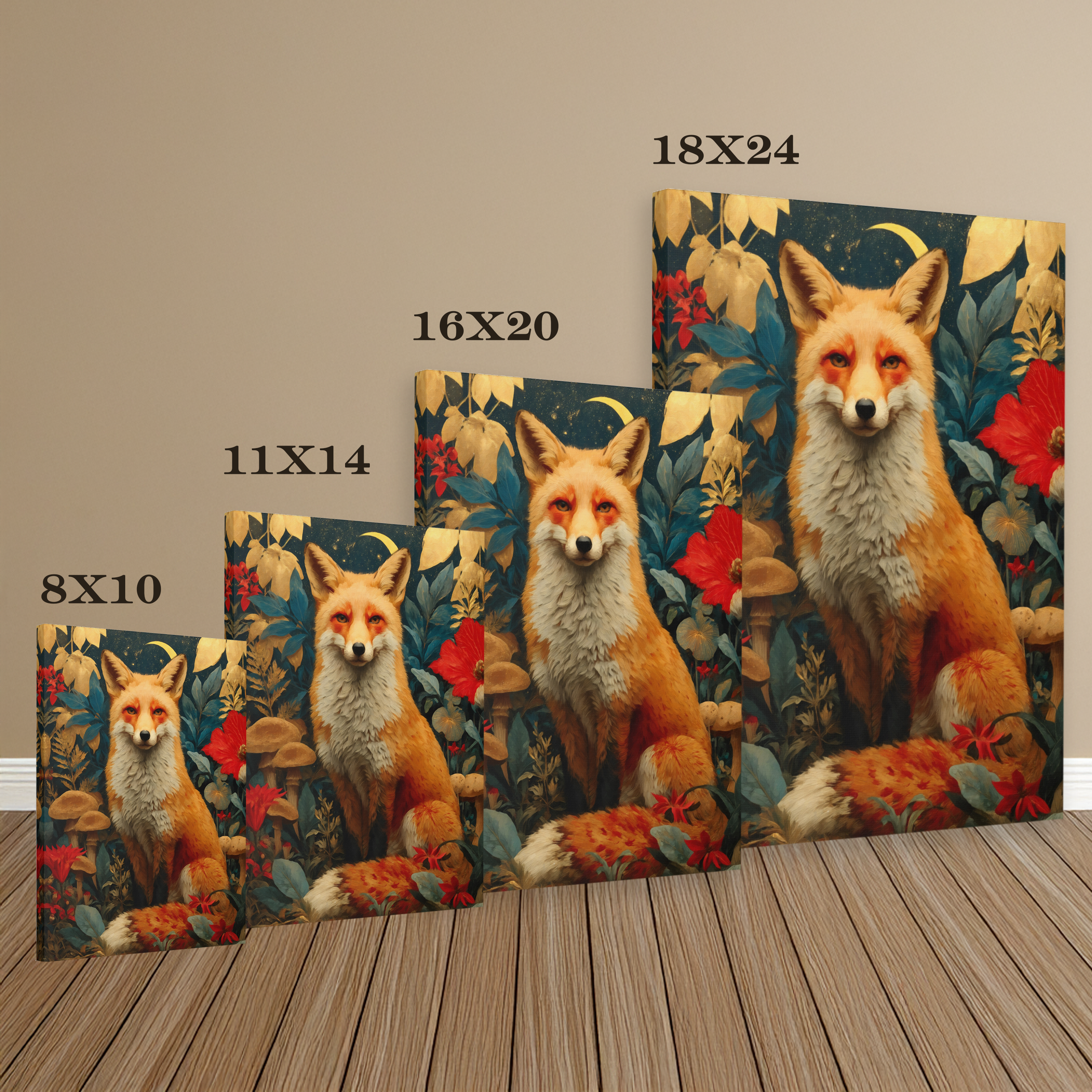 Red Fox Canvas Wall Art | Woodland Creatures Print in Deep Navy & Warm Earth Tones