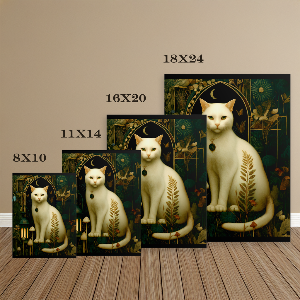 The Moonlit Cat Wall Art | The Forest Garden White Cat Poster for Cat Lovers