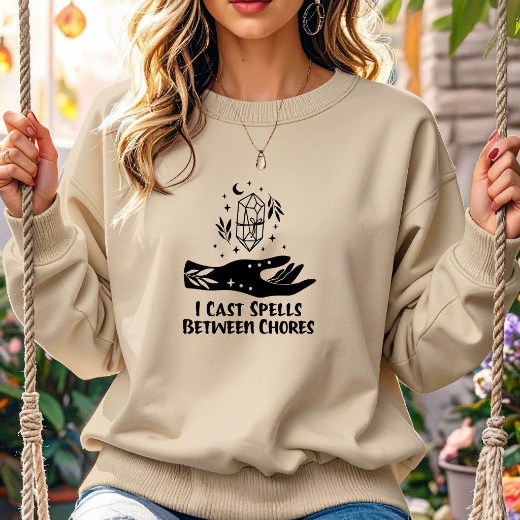 Person wearing a beige sweatshirt with a graphic design and text, standing on a swing with plants in the background.