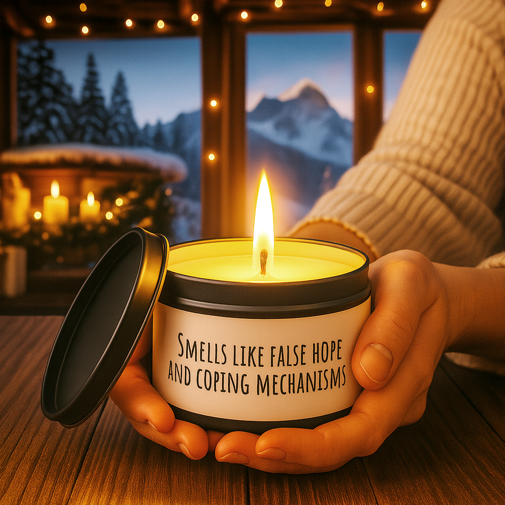 Candle labeled 'Smells like false hope and coping mechanisms' held by hands with a cozy indoor background.
