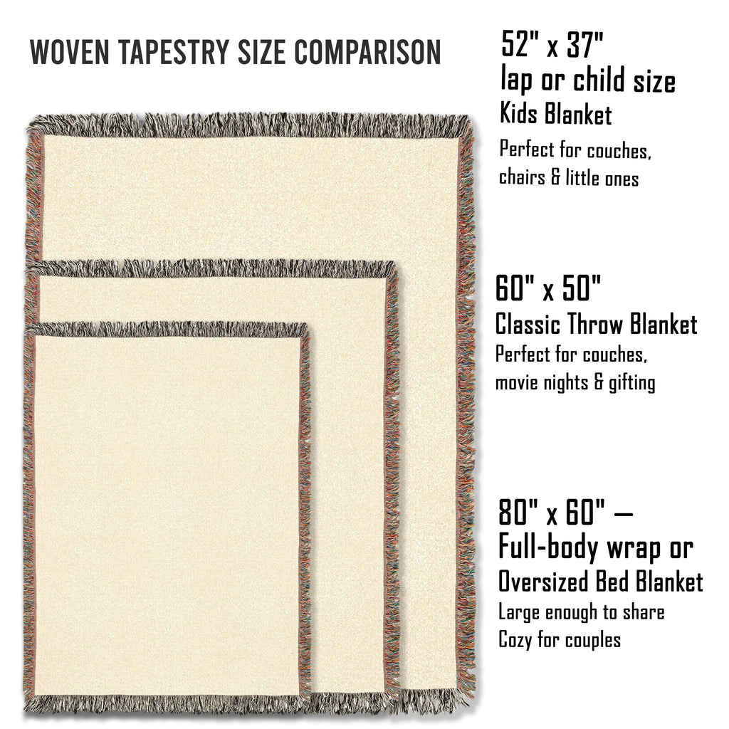 Woven tapestry size comparison chart with blanket dimensions and uses.