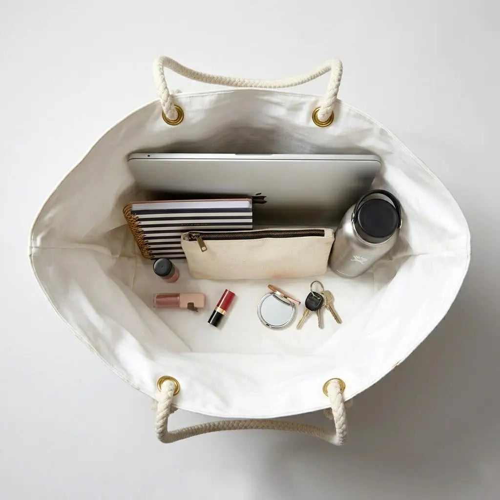 White Tote bag with various items on a light gray background