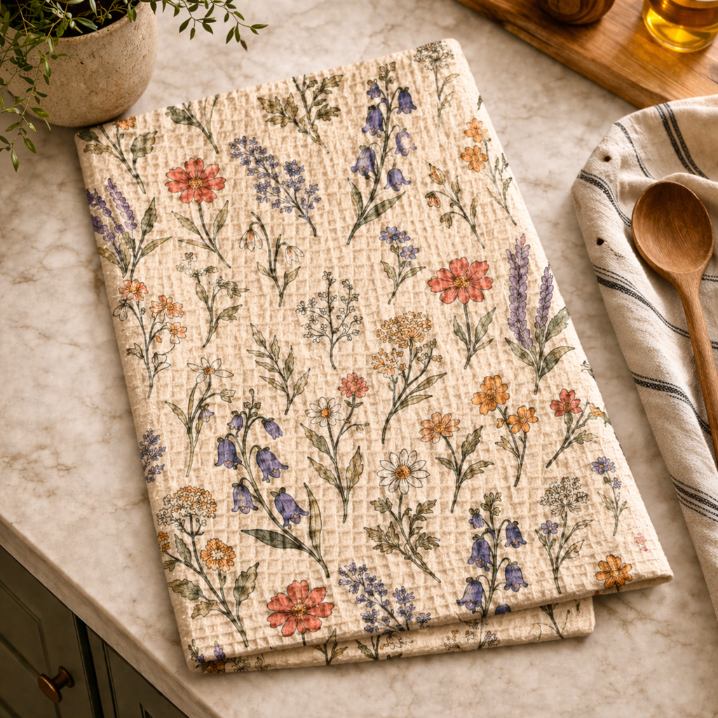 Spring Has Sprung Warm Linen | Waffle Weave Kitchen Towel Printify