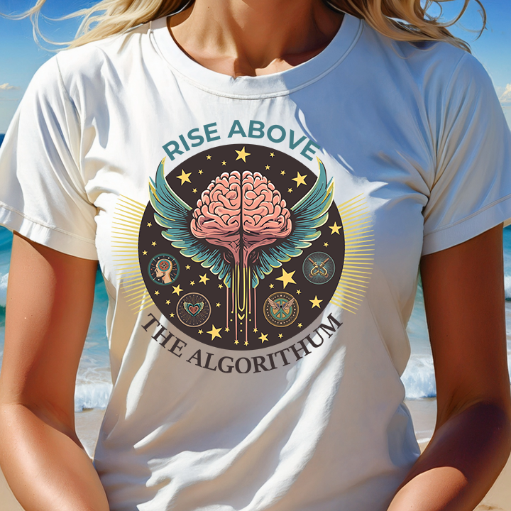 Person wearing a t-shirt with a brain graphic and text on a beach