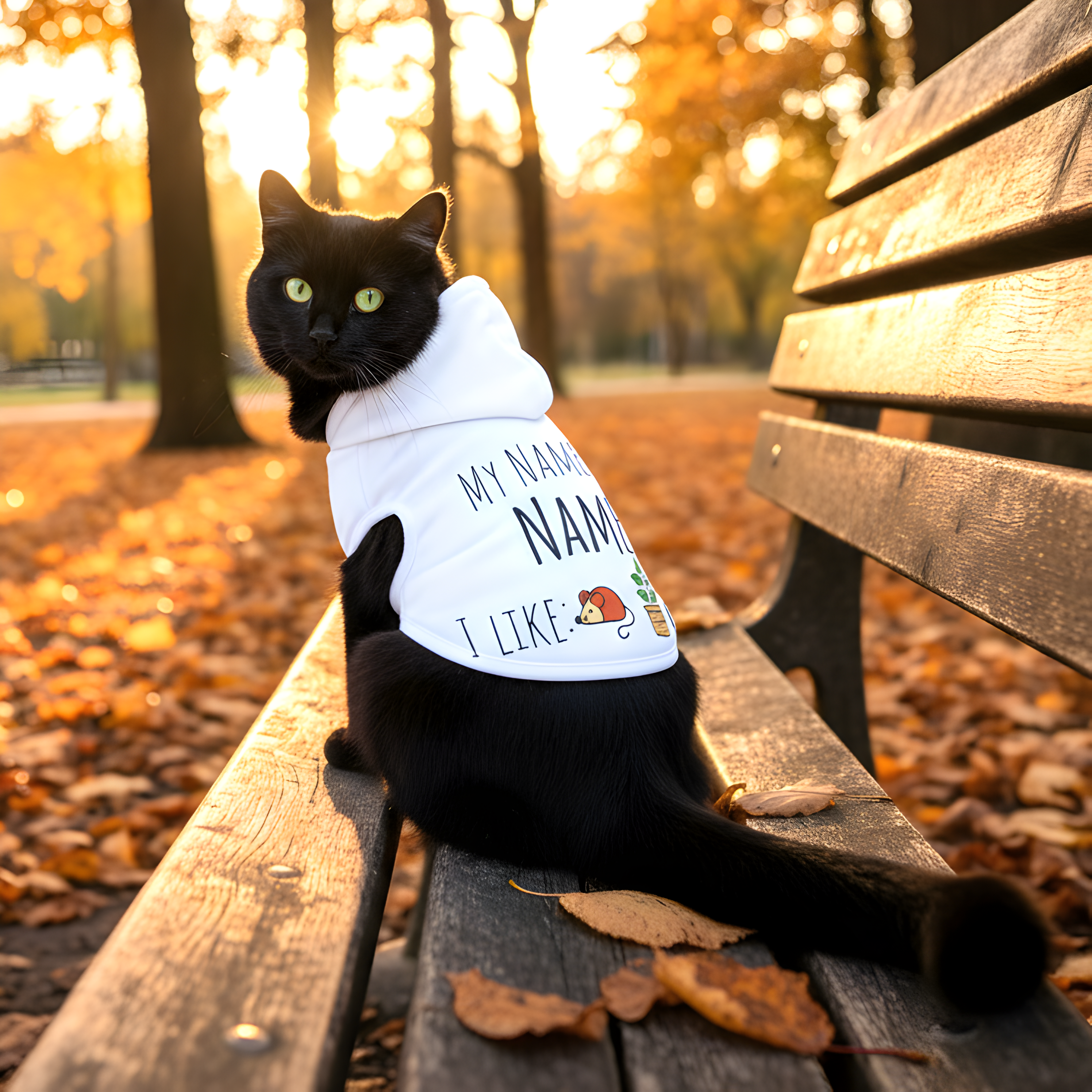 Black cat wearing a shirt with text and graphics on a wooden bench in an autumn park.