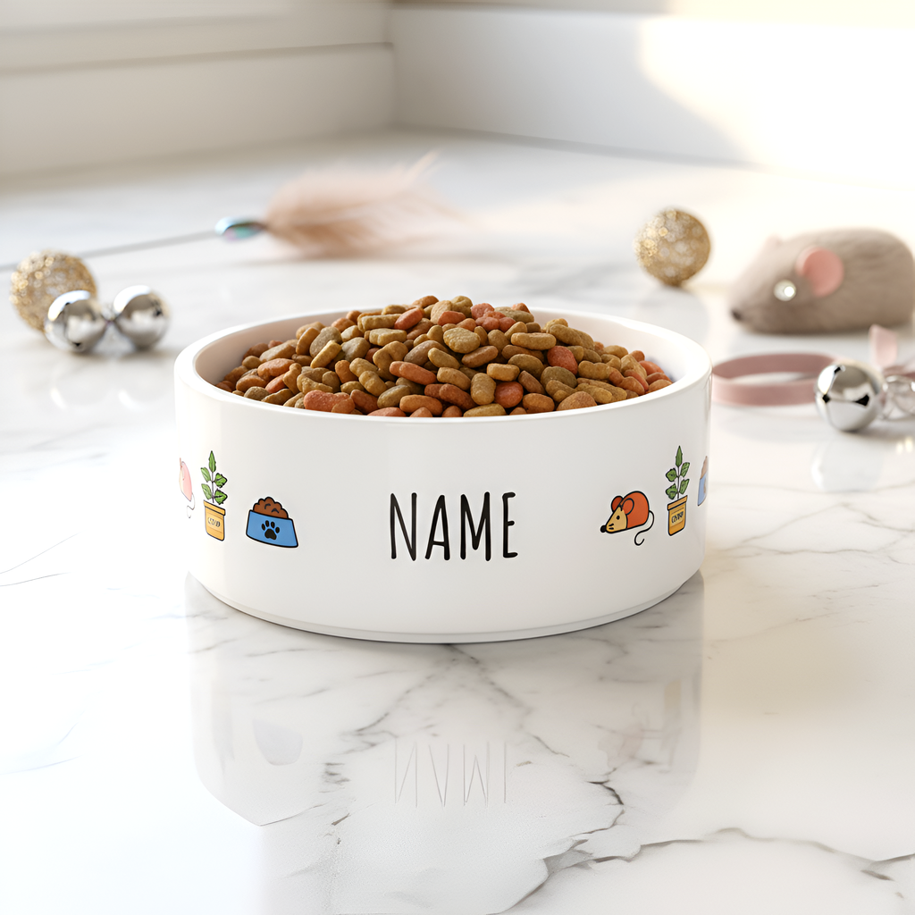 Cat Custom Name Bowl | Personalized ceramic dish with vibrant colors