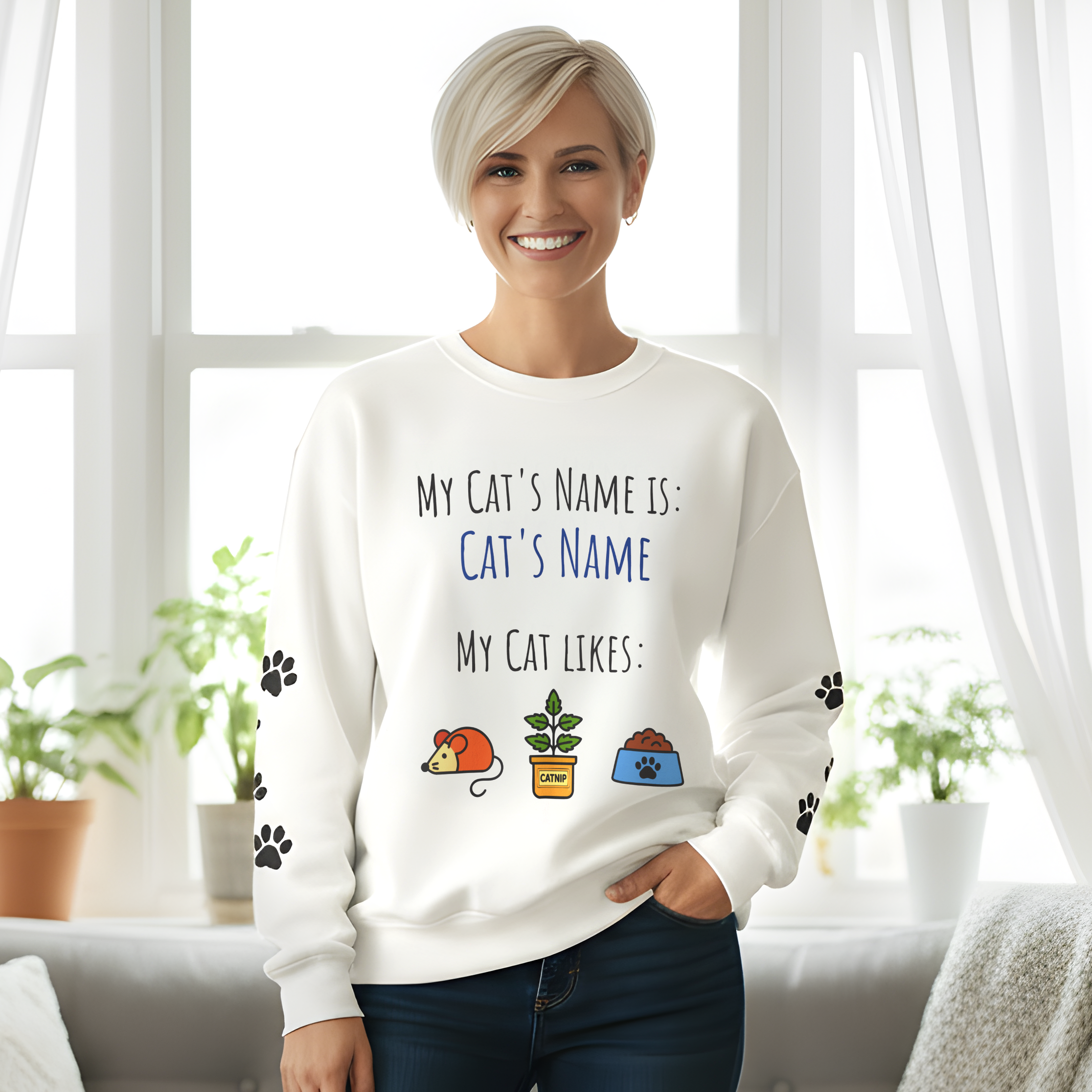 Cat Personalized Name Sweatshirt with Paw Print Sleeves