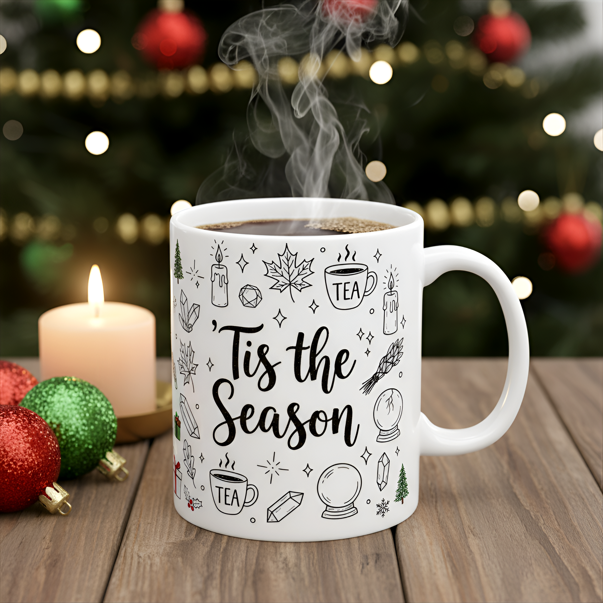 Tis the Season Doodle Mug | Celestial Holiday Christmas Tea & Crystal Coffee Cup
