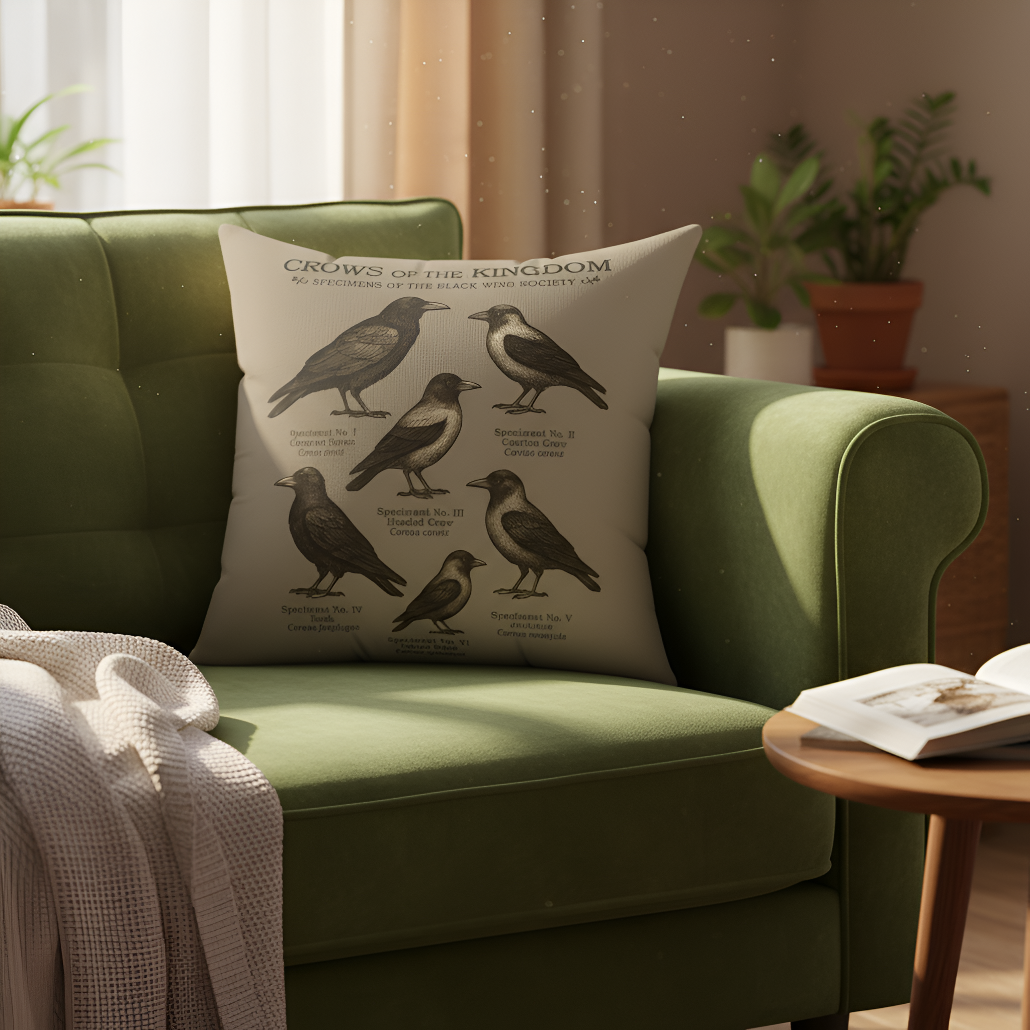 Crows of the Kingdom Pillow | Vintage Raven & Crow Illustration Cushion for Castlecore Homes