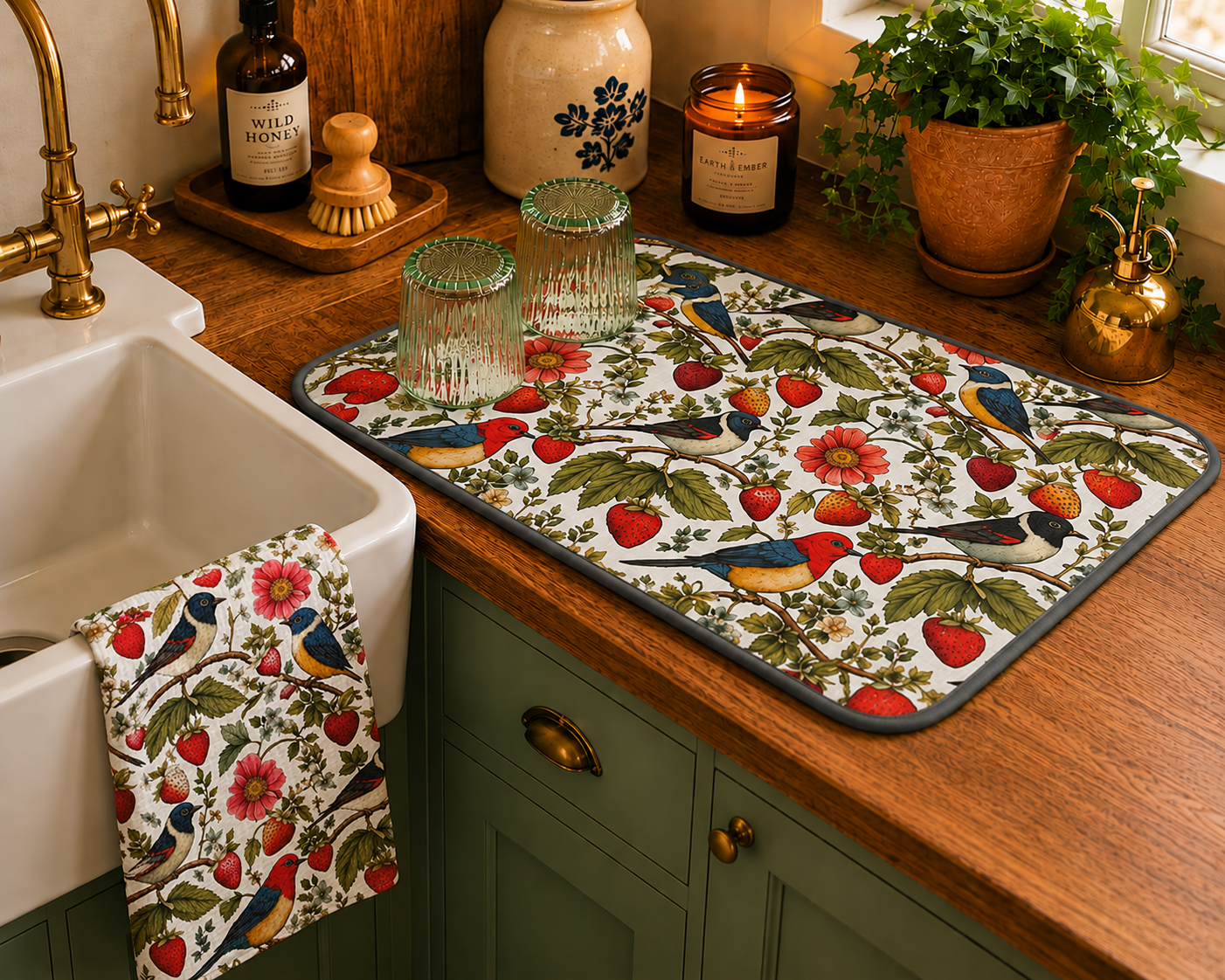 Garden Songbird | Strawberry Meadow Dish Mat Printify