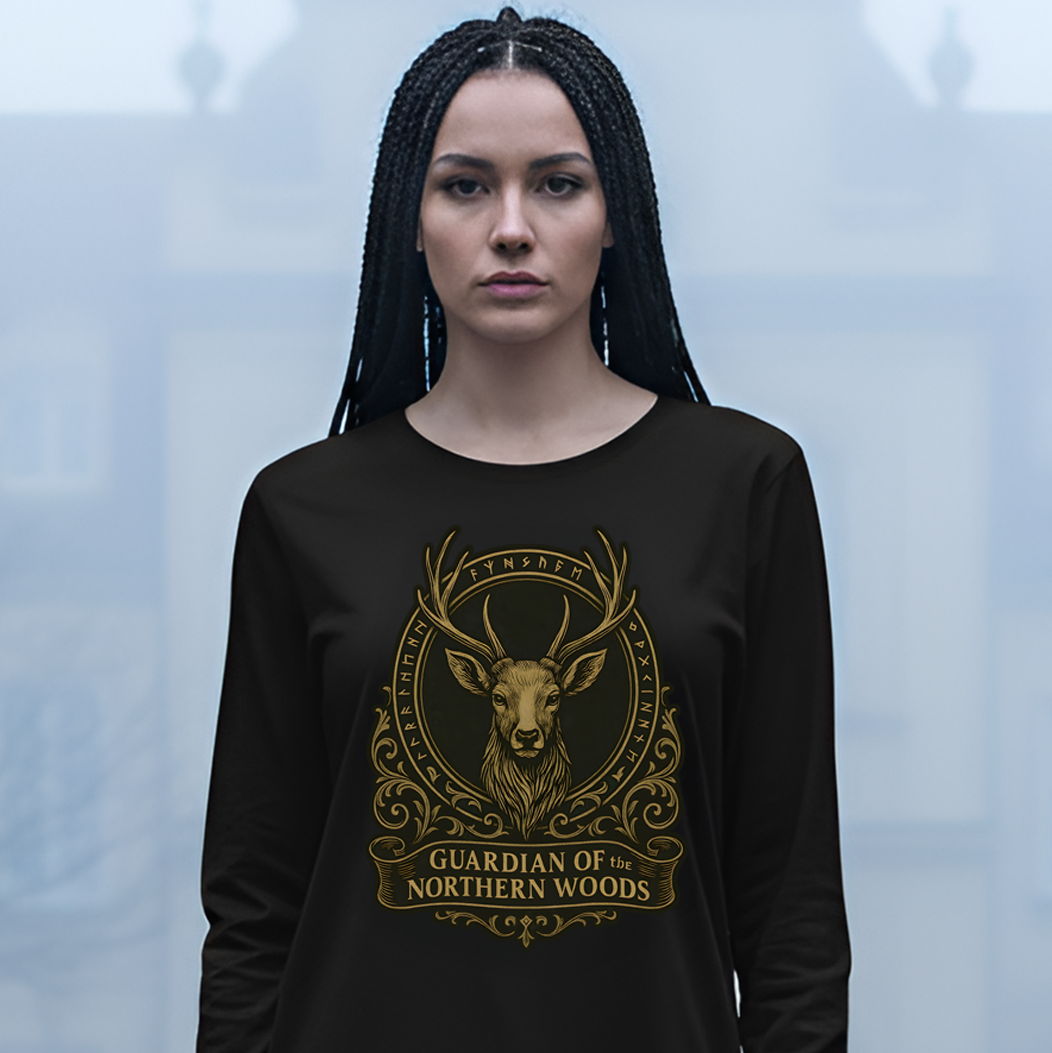 Guardian of the Northern Woods Long Sleeve Tee | Castlecore stag crest shirt inspired by medieval nature and royal fantasy design