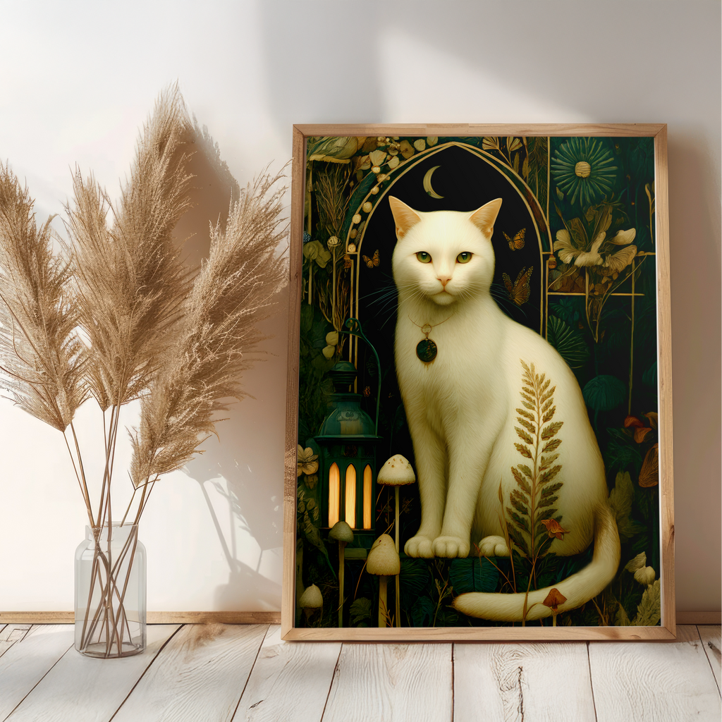 Framed artwork of a white cat with nature elements on a wall with pampas grass.