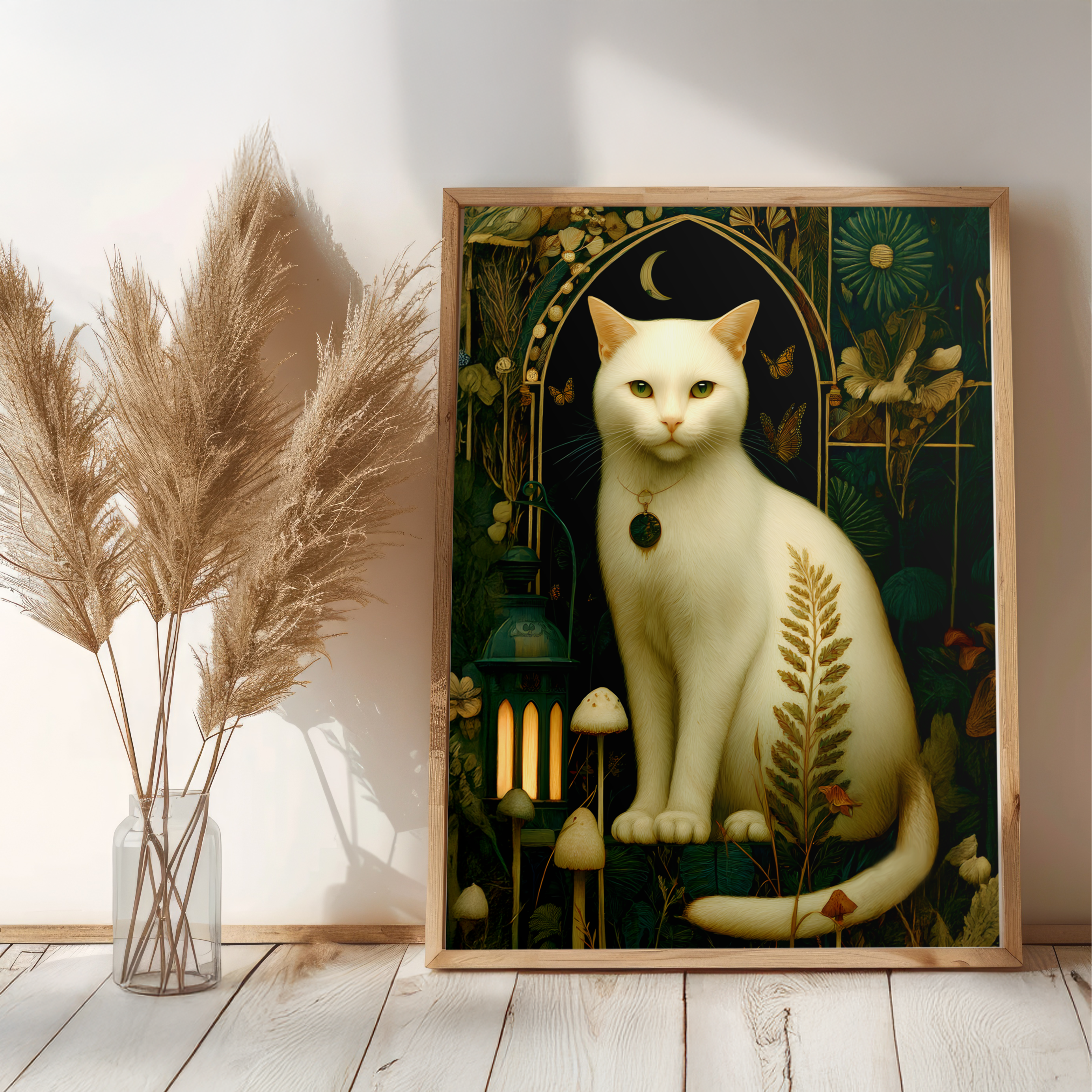 Framed artwork of a white cat with nature elements on a wall with pampas grass.