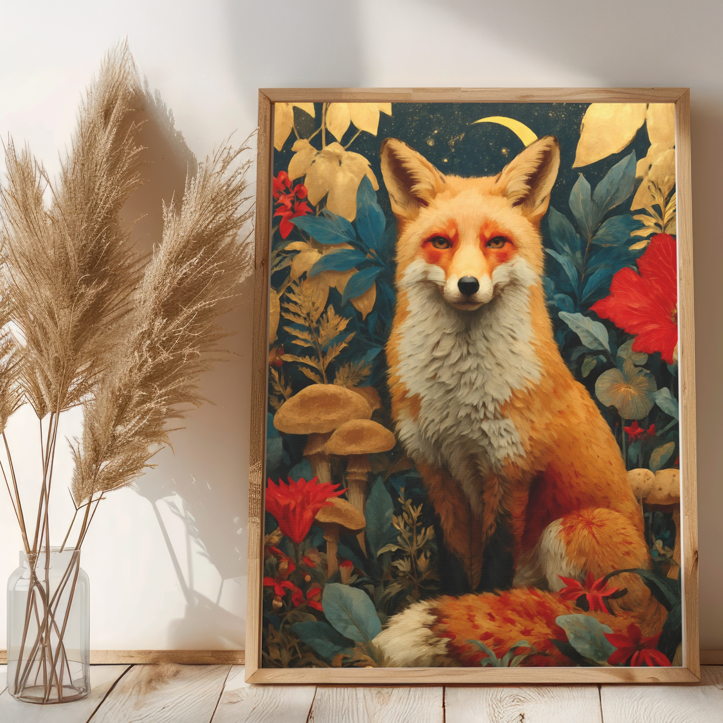 Framed artwork of a fox surrounded by foliage on a wooden floor.