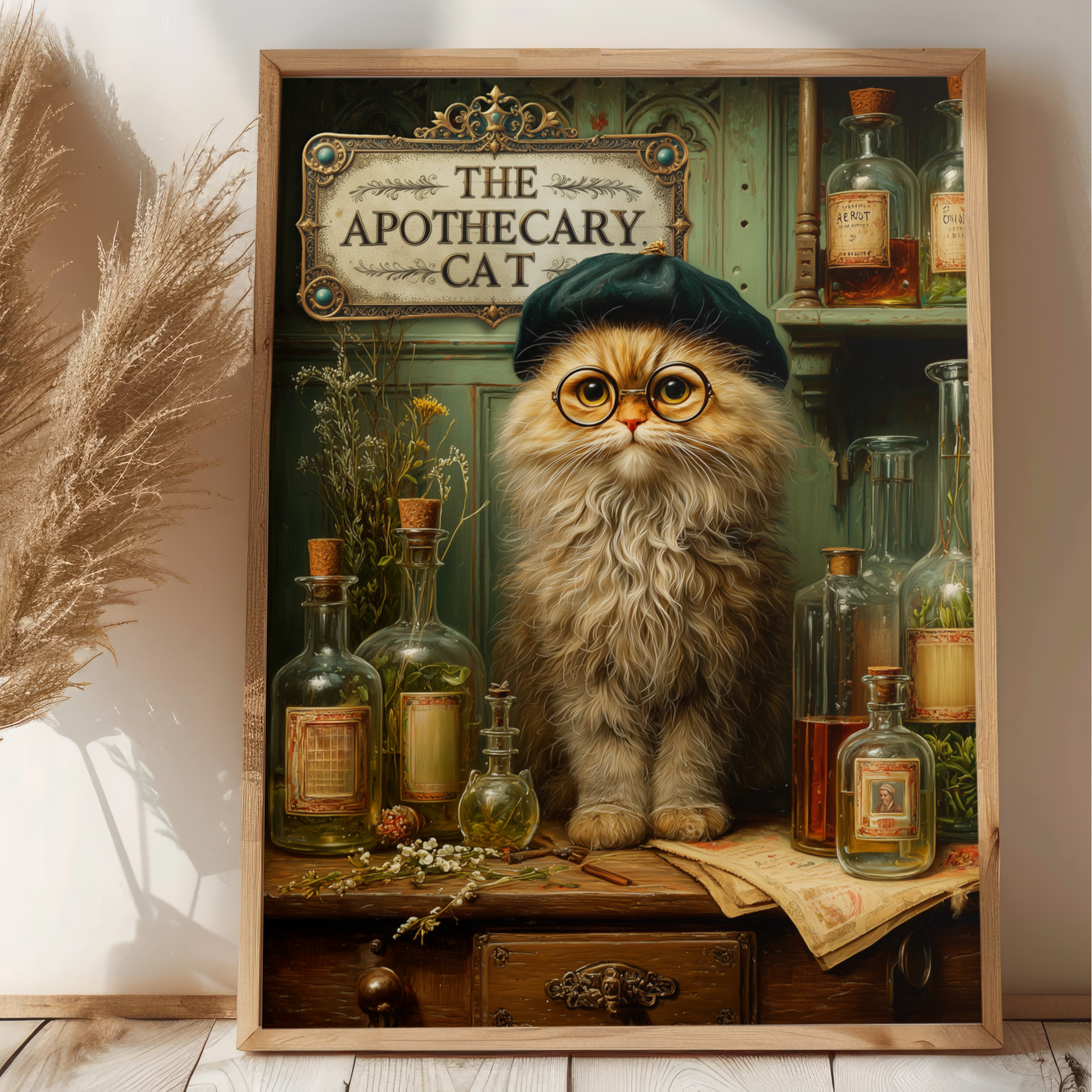 Poster of a cat in an apothecary setting with decorative plants on a wooden floor.
