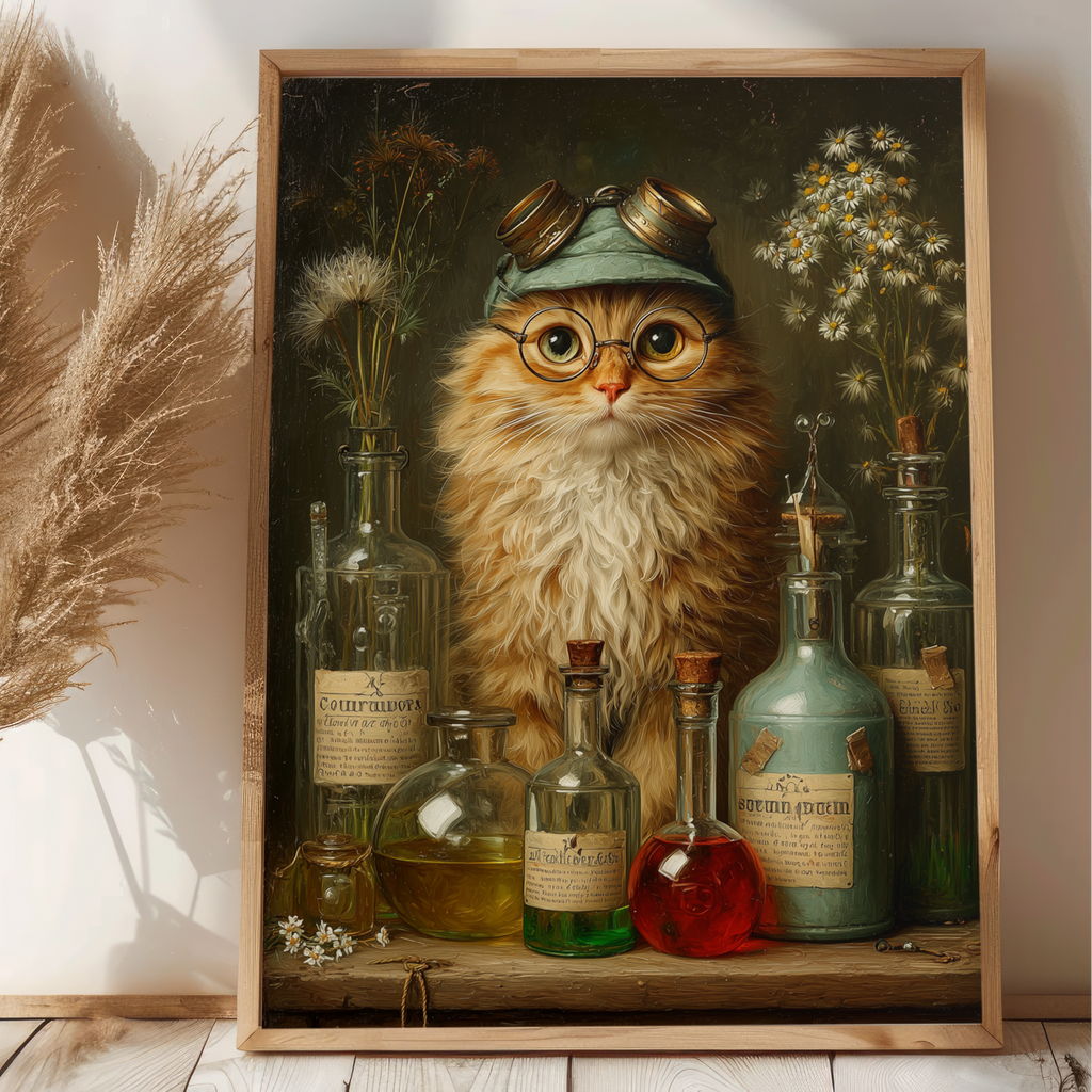 Framed painting of a cat in a lab coat with various bottles and plants on a wooden shelf.
