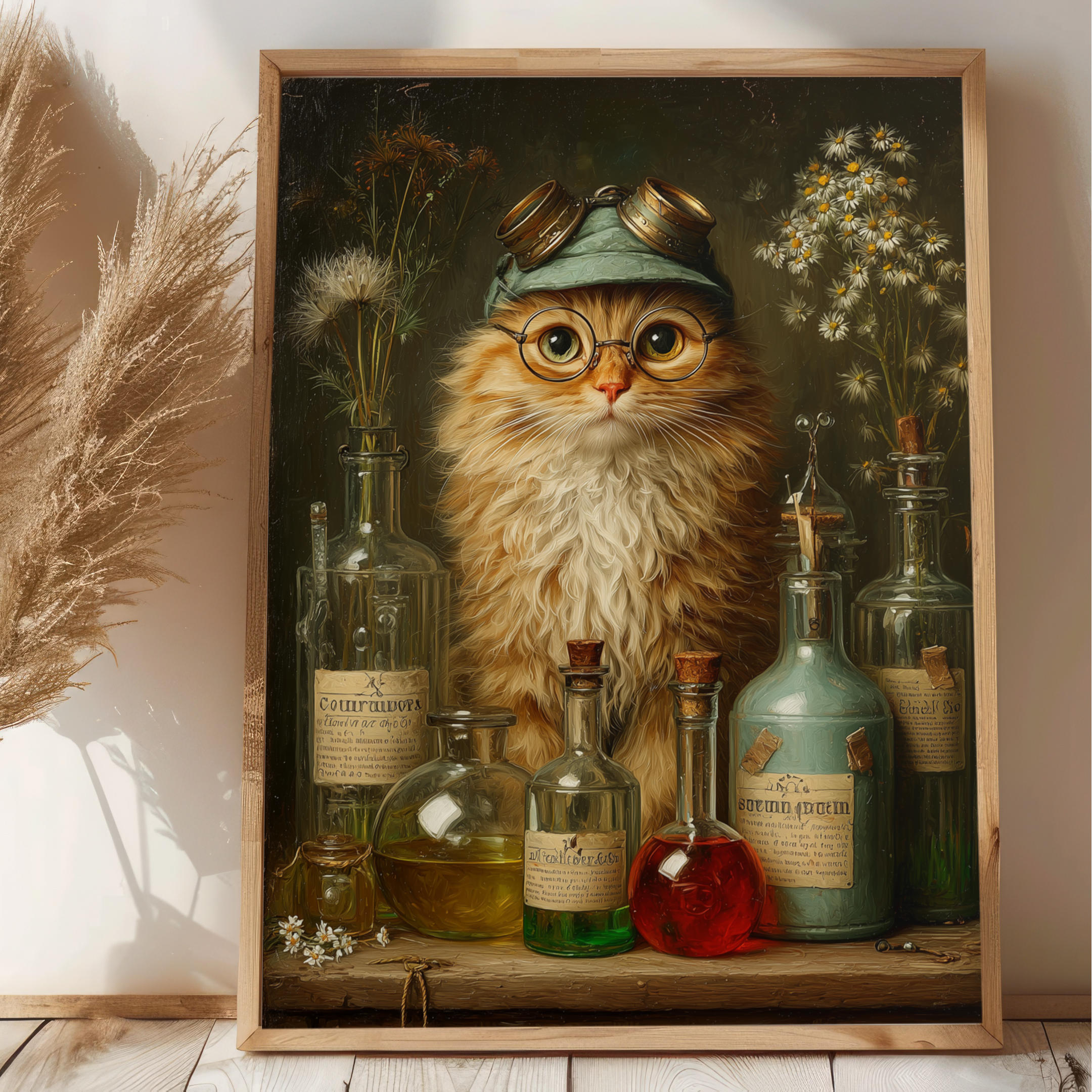 Framed painting of a cat in a lab coat with various bottles and plants on a wooden shelf.