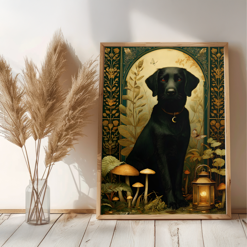 Framed artwork of a black dog in a fantasy setting with plants and a lantern on a wooden floor.