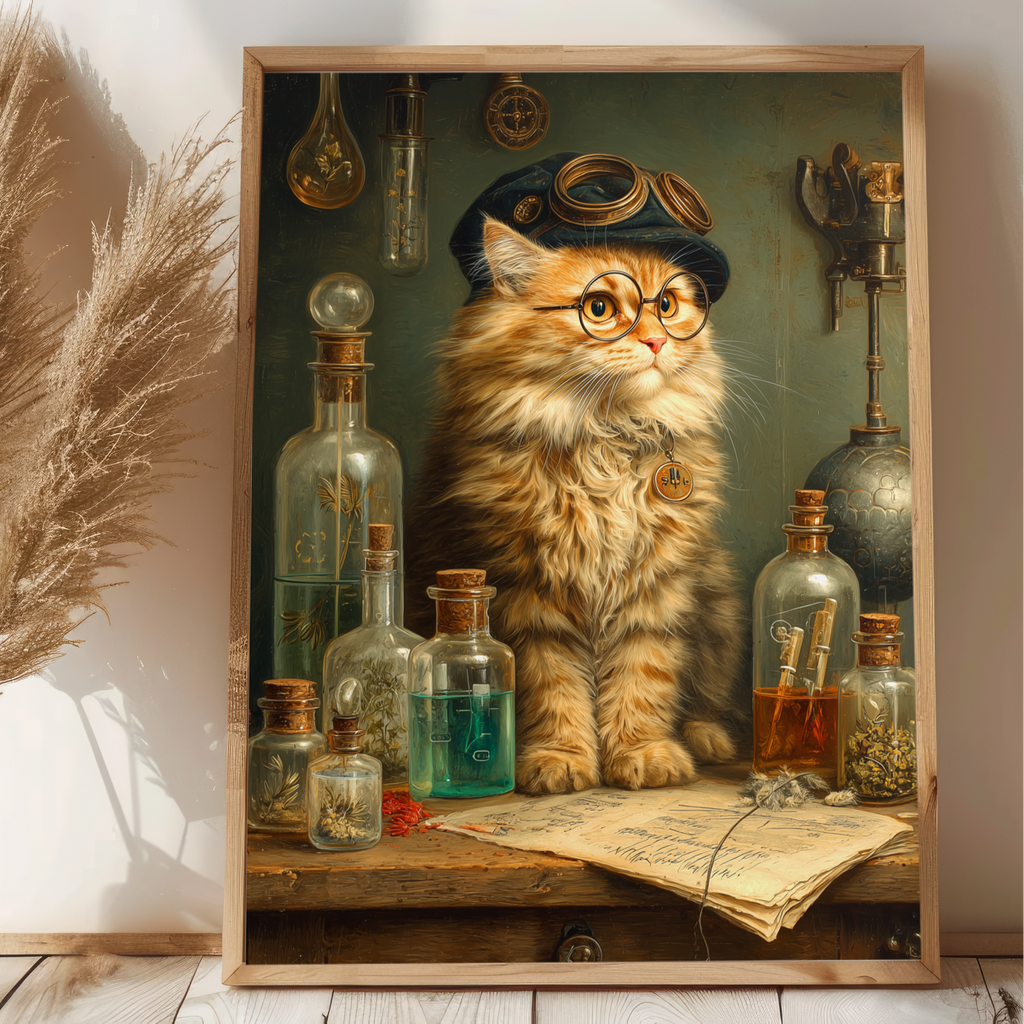Framed artwork of a cat in a lab setting with bottles and glasses on a wooden shelf.