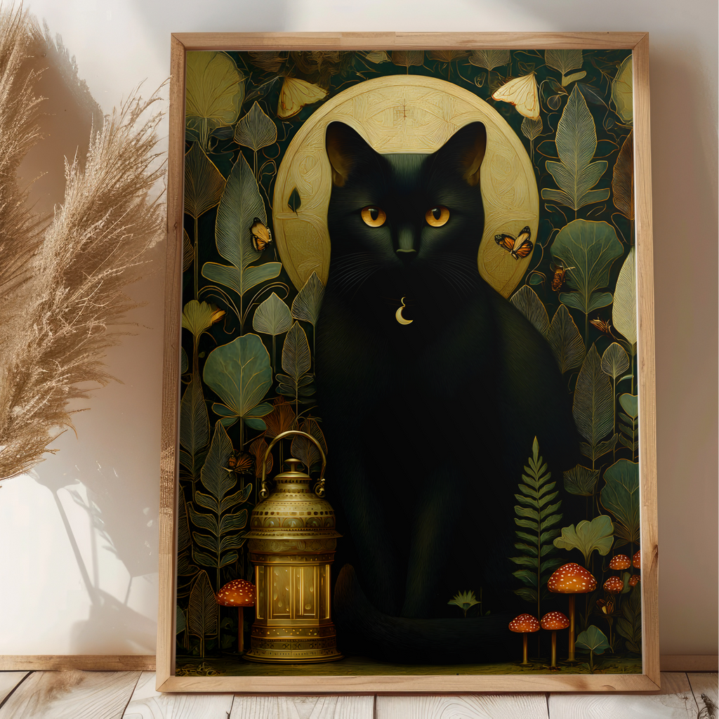 Framed artwork of a black cat with a lantern and moonlit forest scene on a wooden floor.