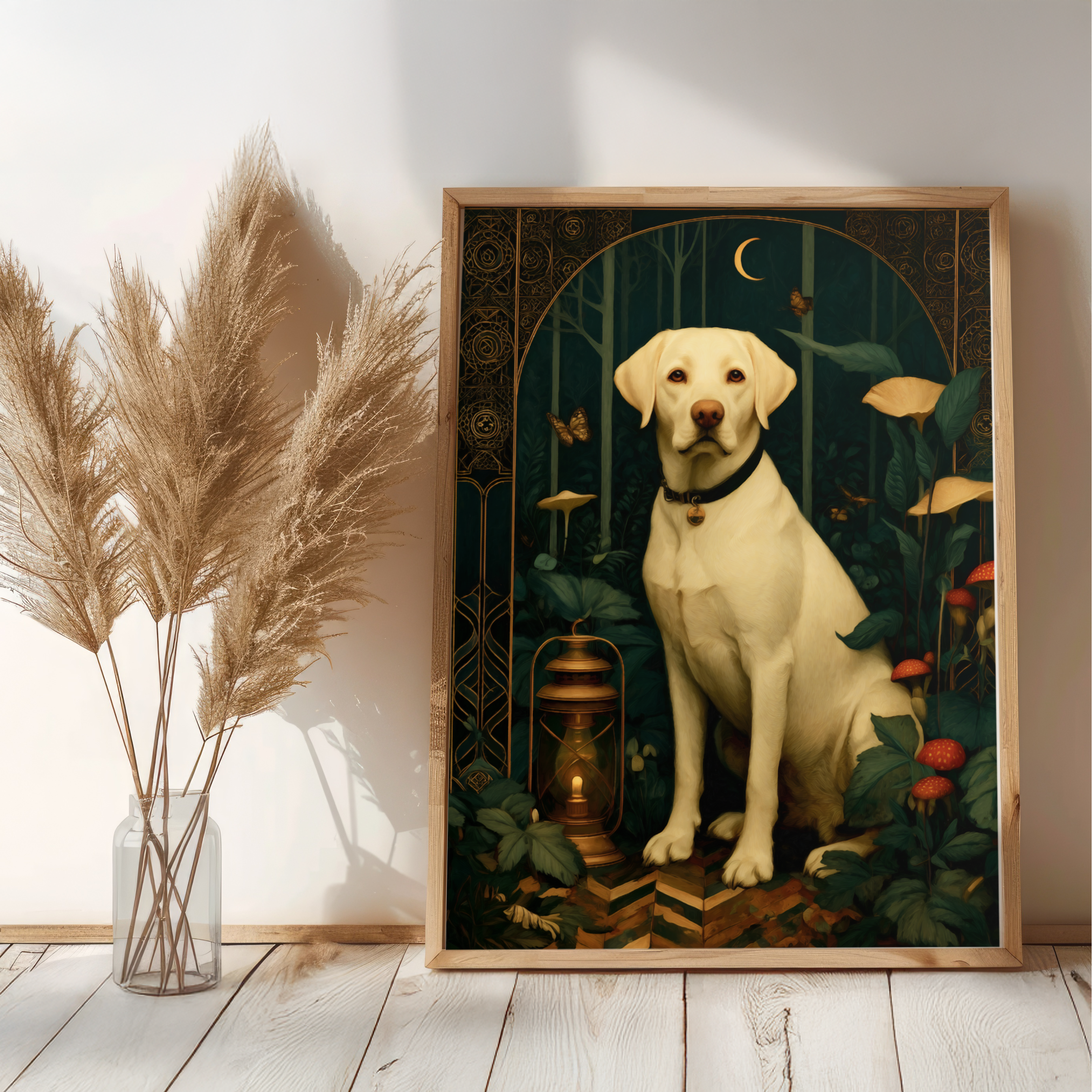 Framed artwork of a dog in a forest setting on a wall with pampas grass.