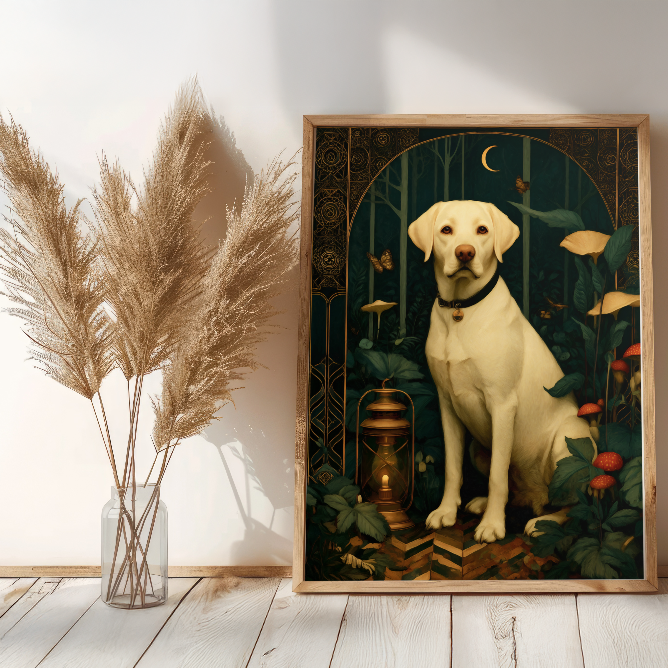 Framed artwork of a dog in a forest setting on a wall with pampas grass.