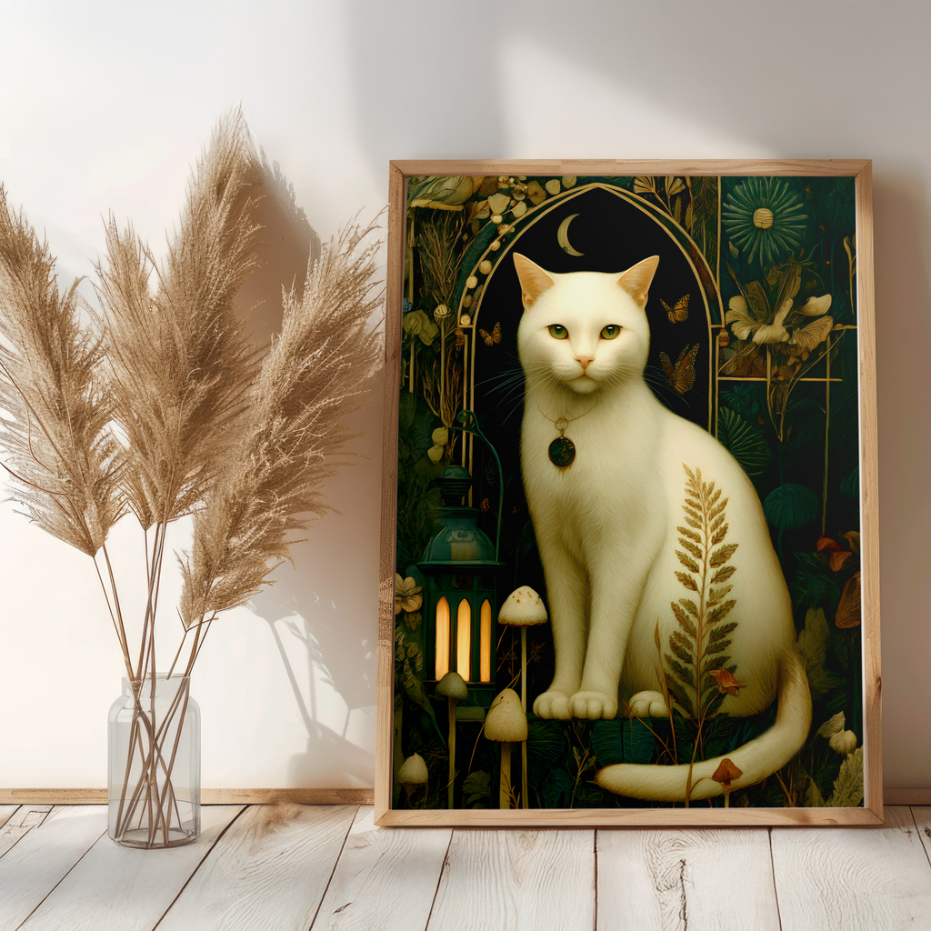 Framed artwork of a white cat with nature elements on a wall with pampas grass.