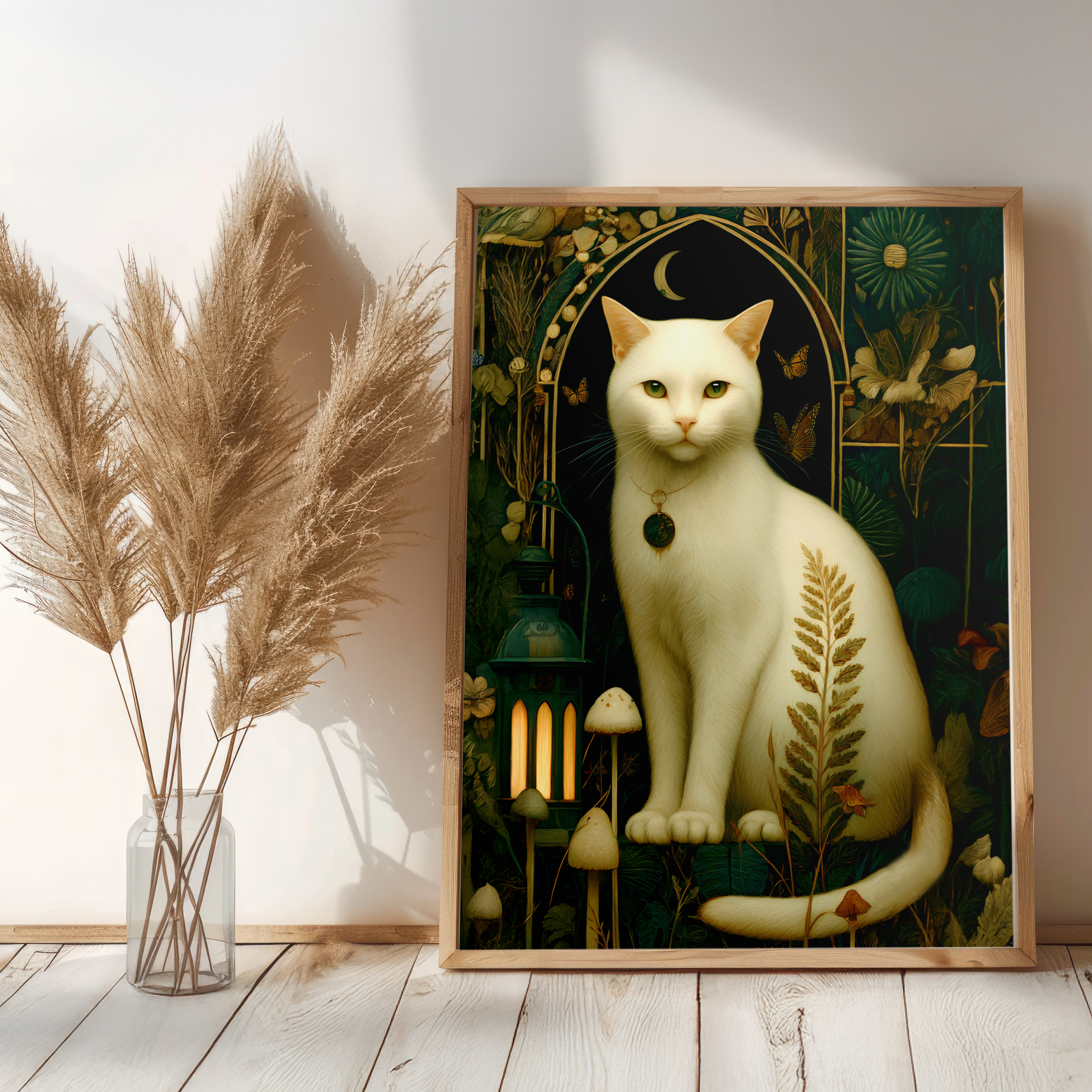 Framed artwork of a white cat with nature elements on a wall with pampas grass.