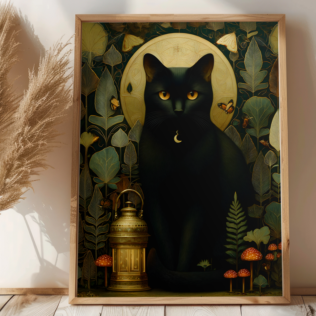 Framed artwork of a black cat with a lantern against a nature-themed background, placed on a wooden surface with pampas grass.
