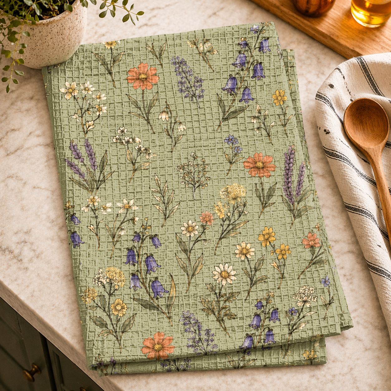 Spring Has Sprung In Green | Waffle Weave Kitchen Towel Printify