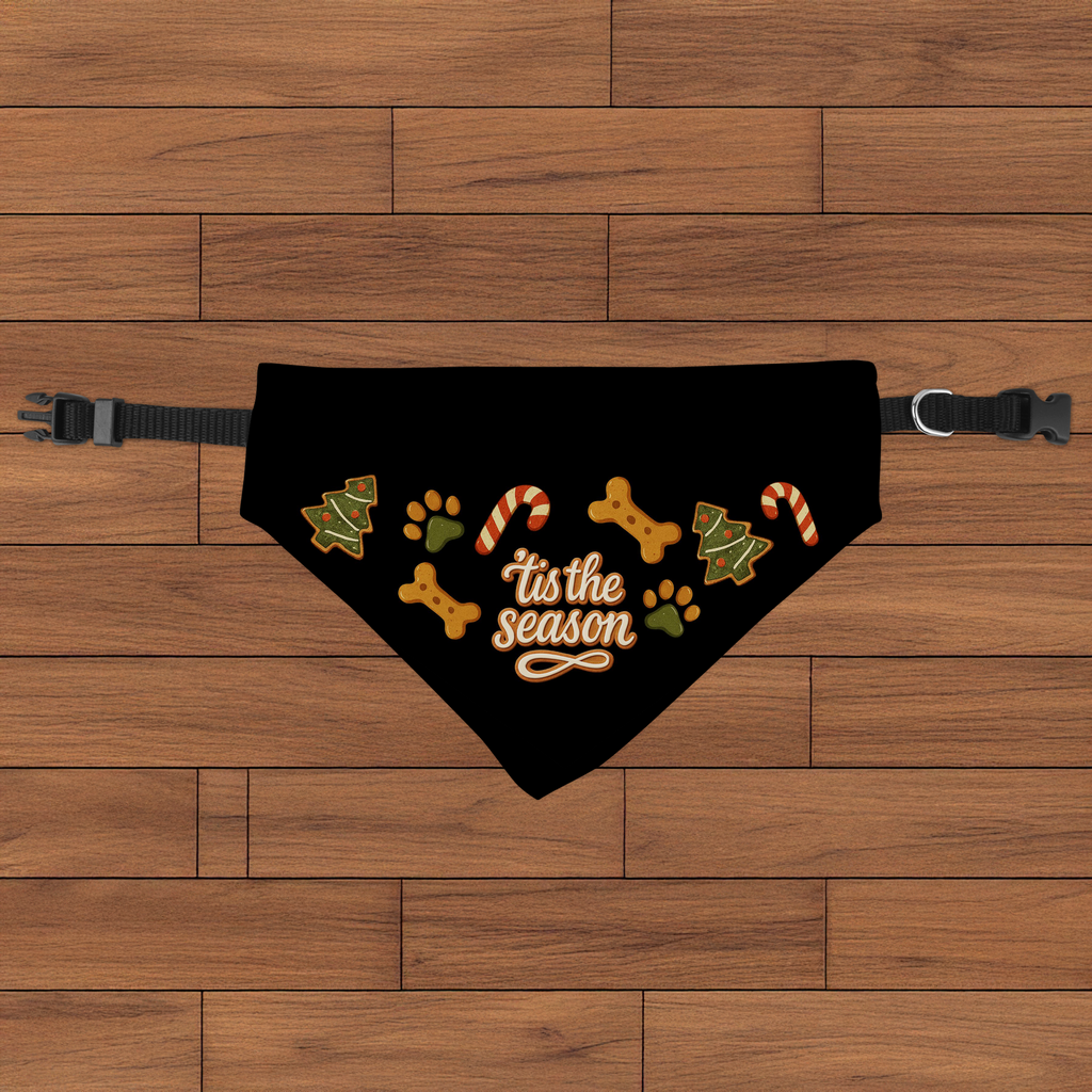 Tis The Season clip-on pet bandana | Christmas paw print candy cane dog bandana